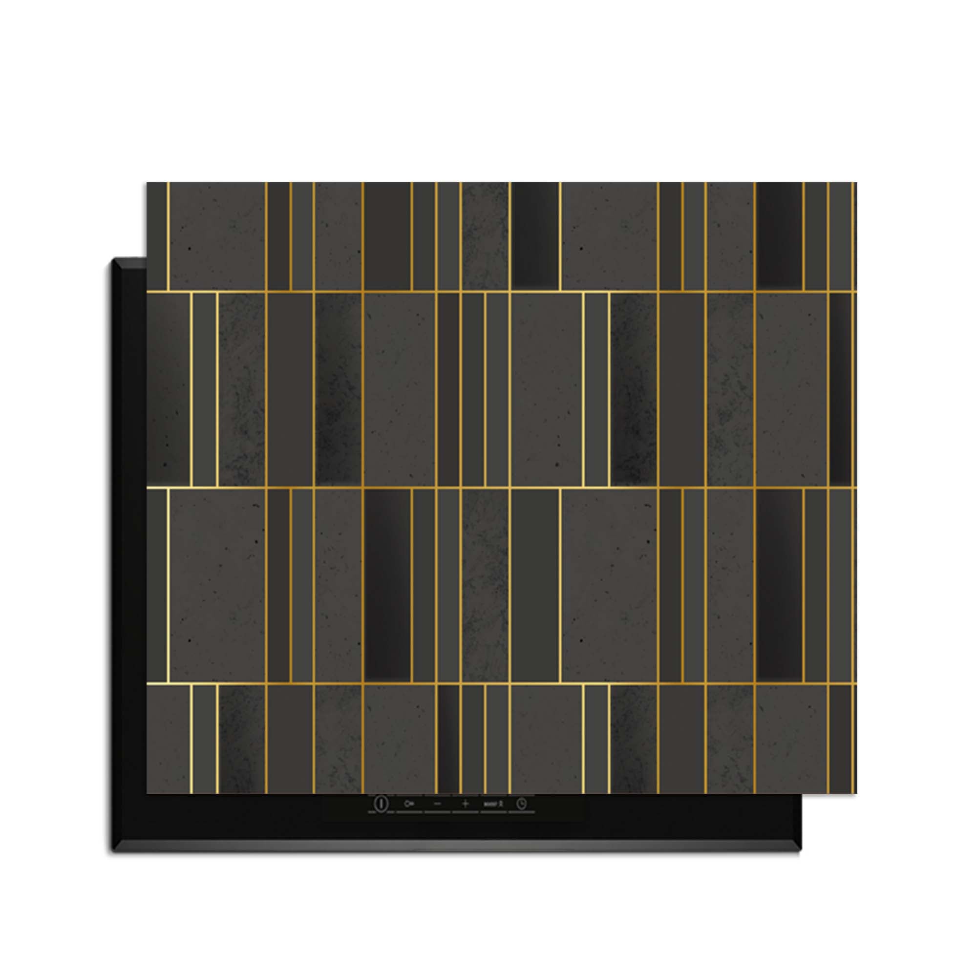 Midnight Grid – Inductie Beschermer met geometrisch design en gouden accenten voor keukenbescherming.