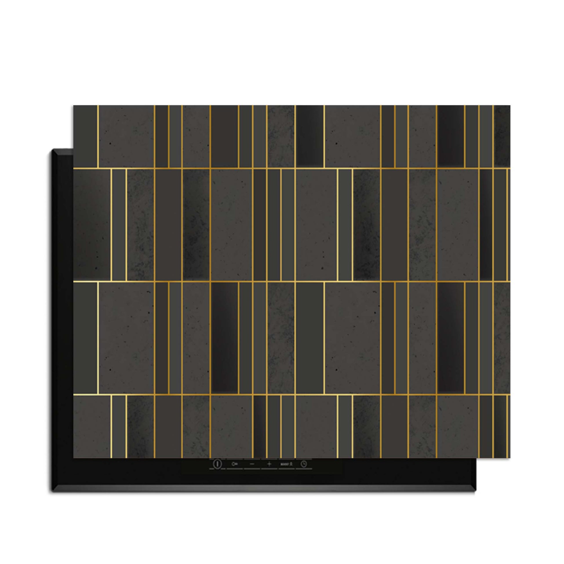 Midnight Grid – Inductie Beschermer met geometrisch design en gouden accenten.