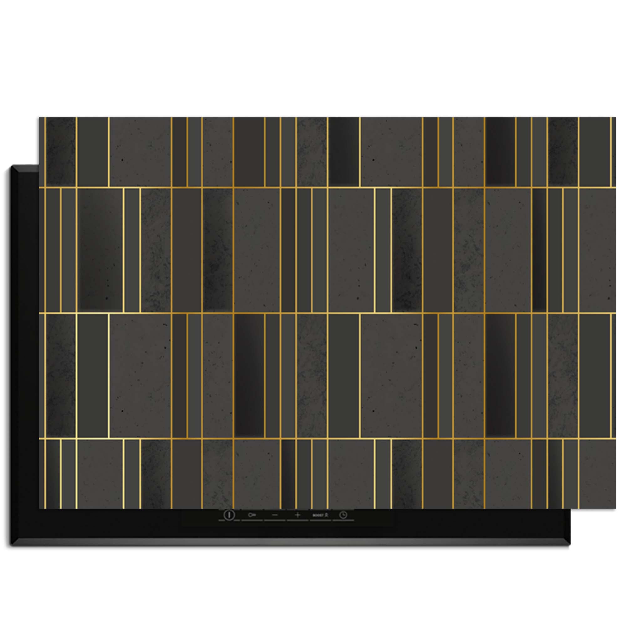 Midnight Grid – Inductie Beschermer met geometrisch design en gouden accenten voor stijlvolle bescherming.