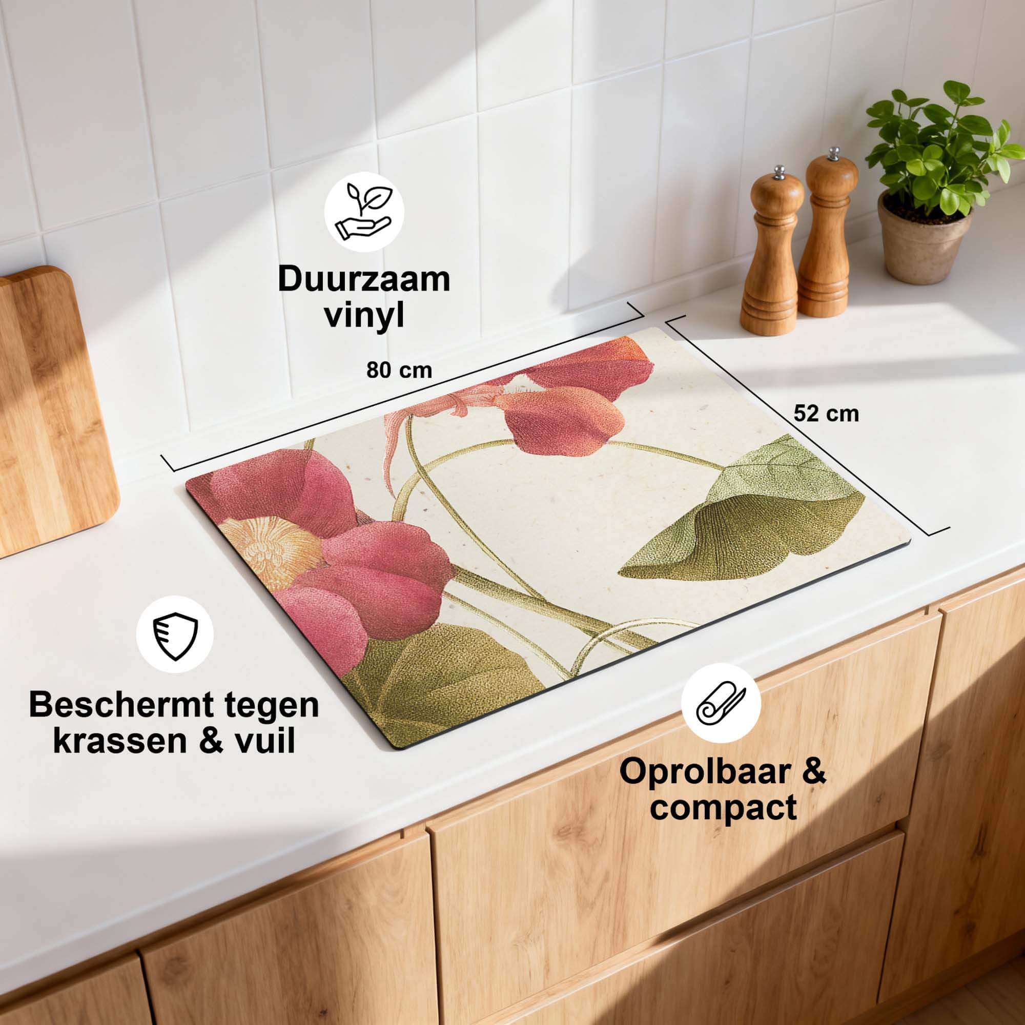 Petal Whisper – Inductie Beschermer op een keukenblad, duurzaam vinyl, beschermt tegen krassen en vuil.