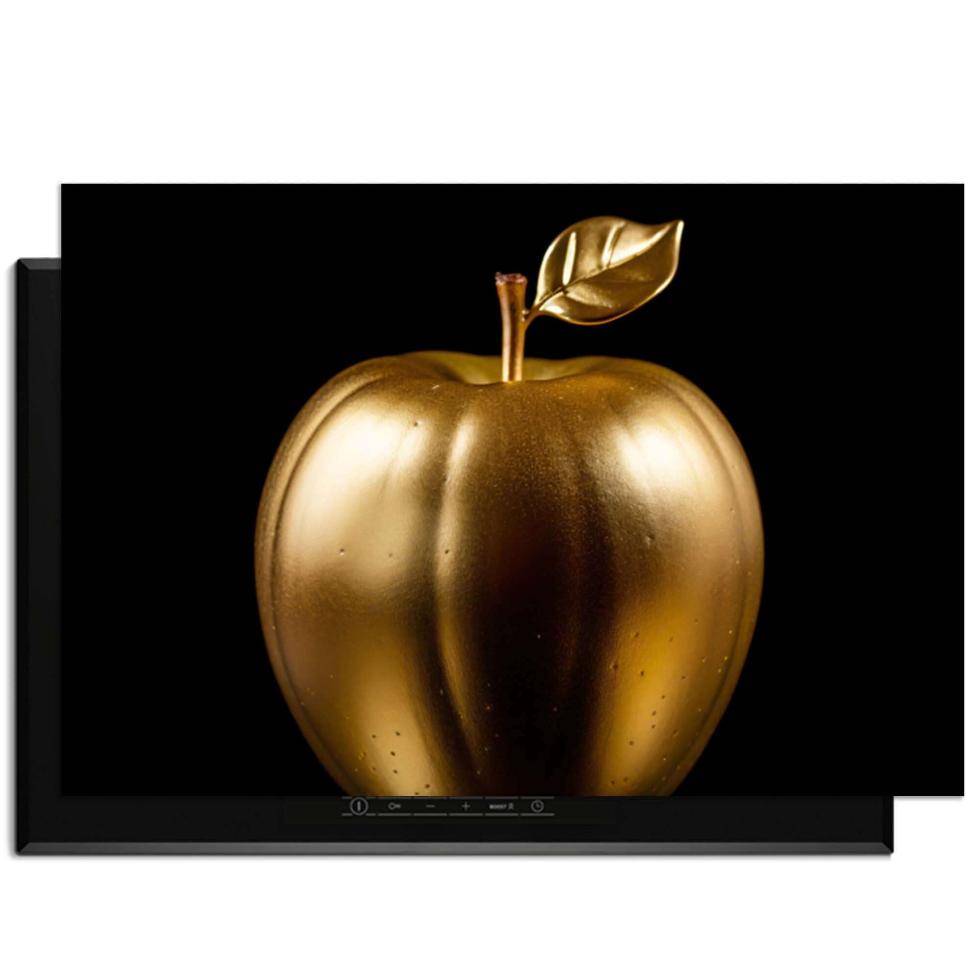 Eve's Edition - Inductie Beschermer met gouden appel op zwarte achtergrond voor moderne keuken.