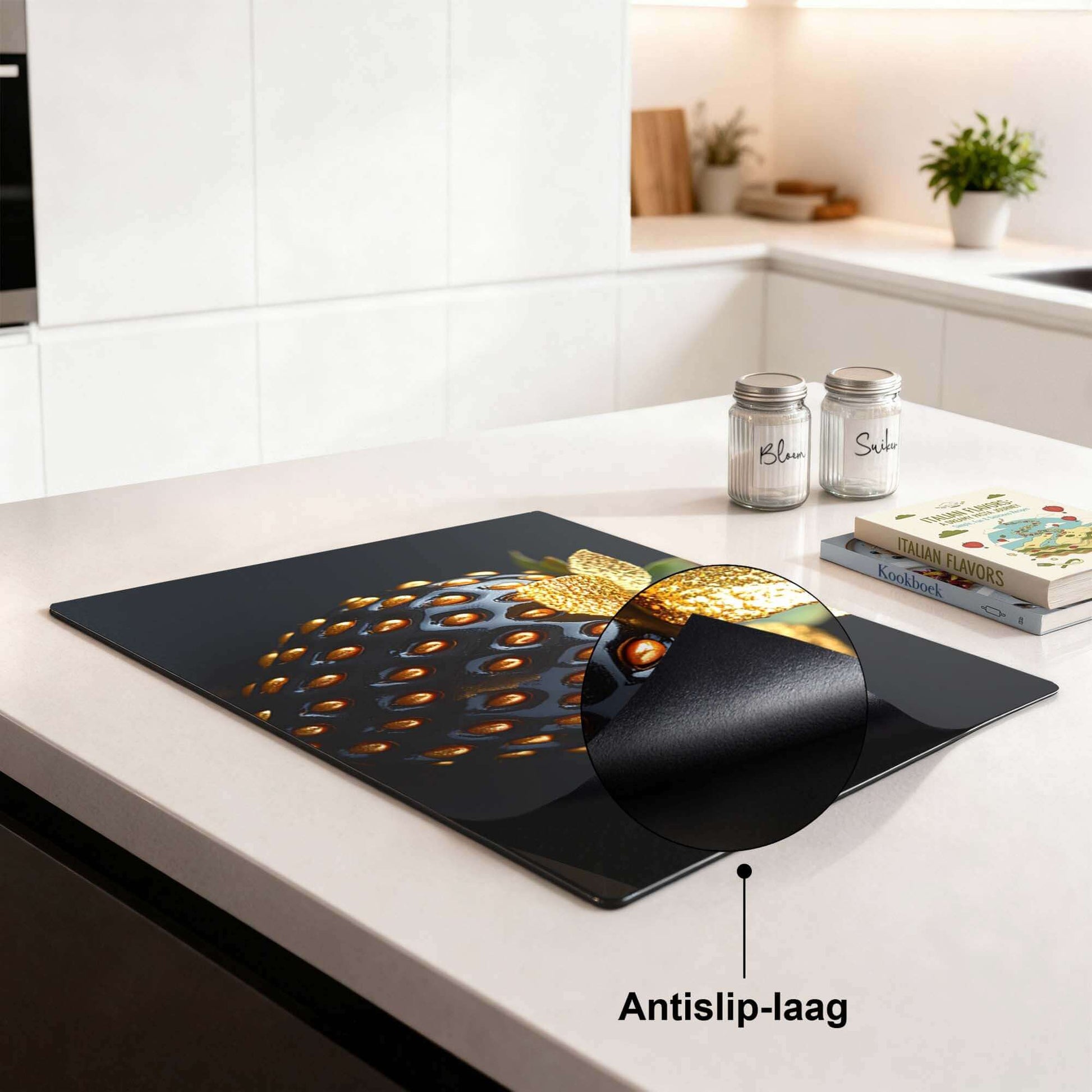 Golden Berry - Inductie Beschermer met antislip-laag op een moderne keuken tafel.