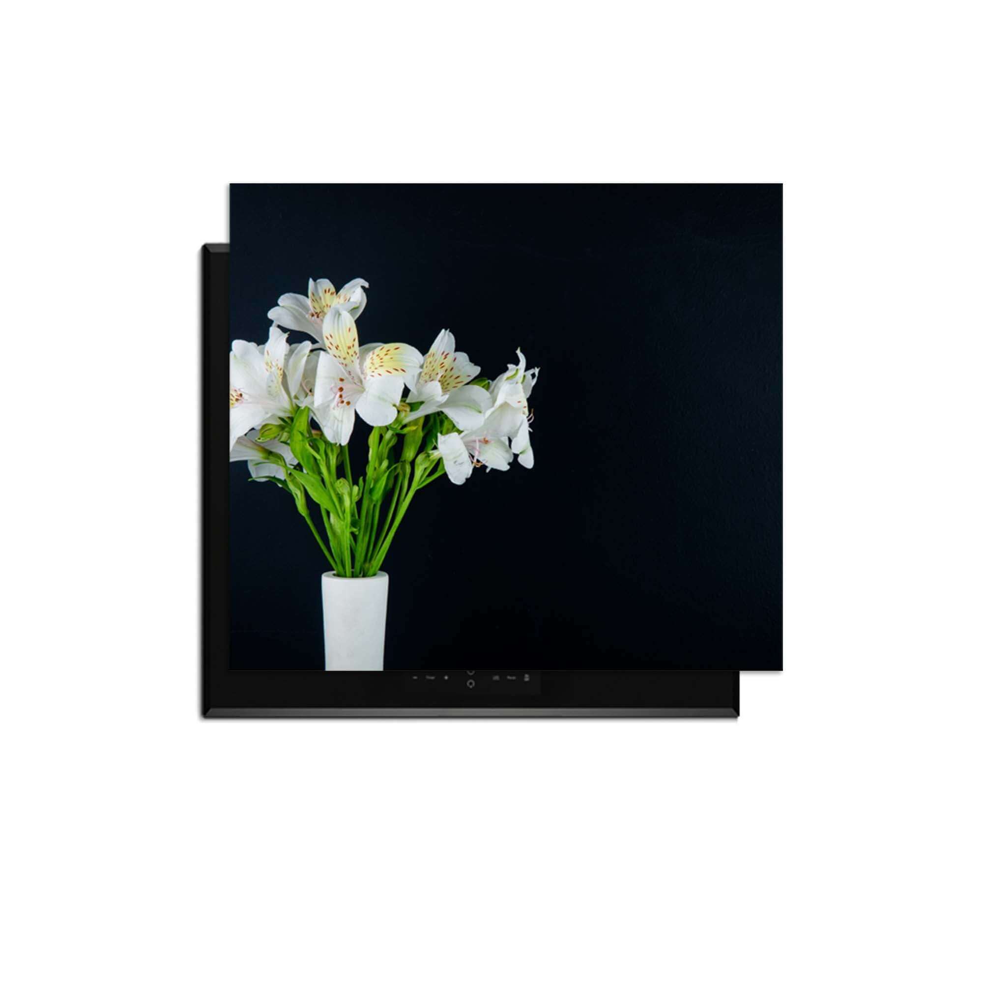 White Whisper - Inductie Beschermer met een mooie witte bloemenvaas op een zwarte achtergrond.