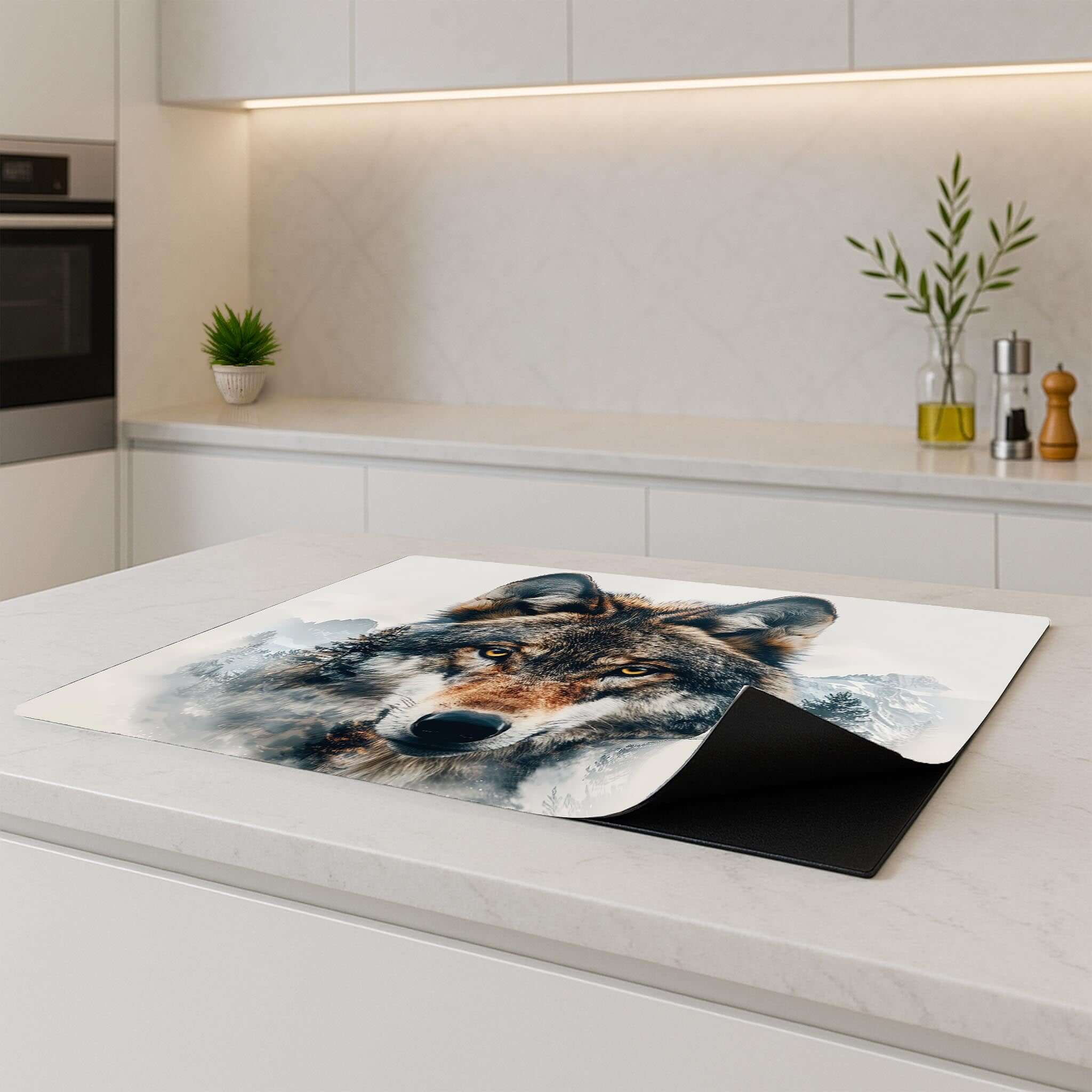 Inductiebeschermer met wolf op een keukenblad, Majestic Wolf design in een moderne keuken