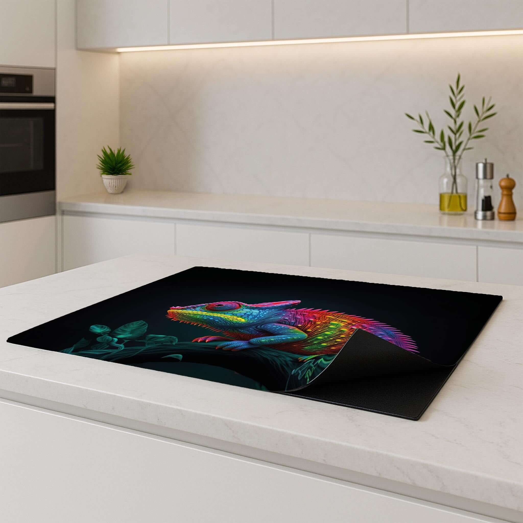 Inductiebeschermer met neon kameleon en jungle bladeren