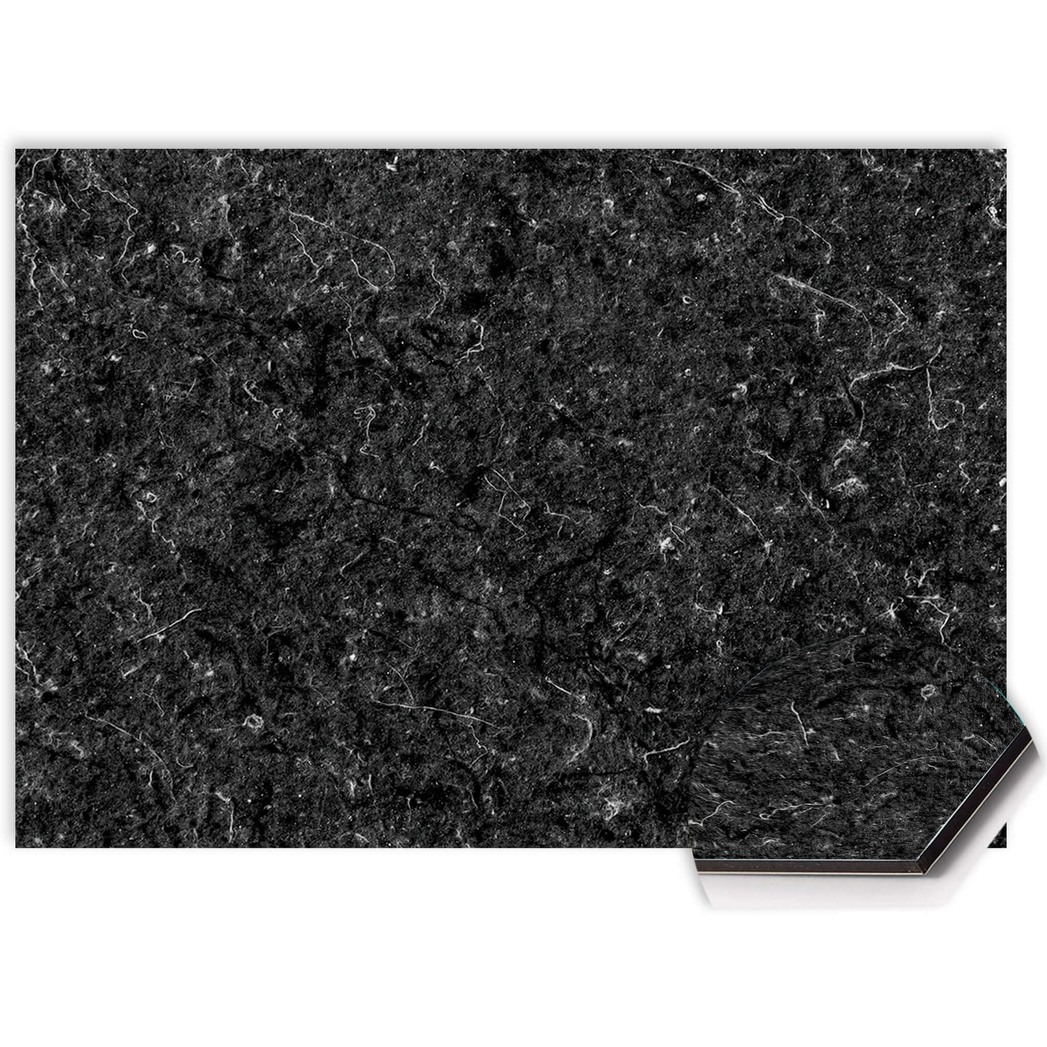 Close-up van Nero Marble spatwand met zwarte marmertextuur, krasvast en hittebestendig Aluminium Dibond