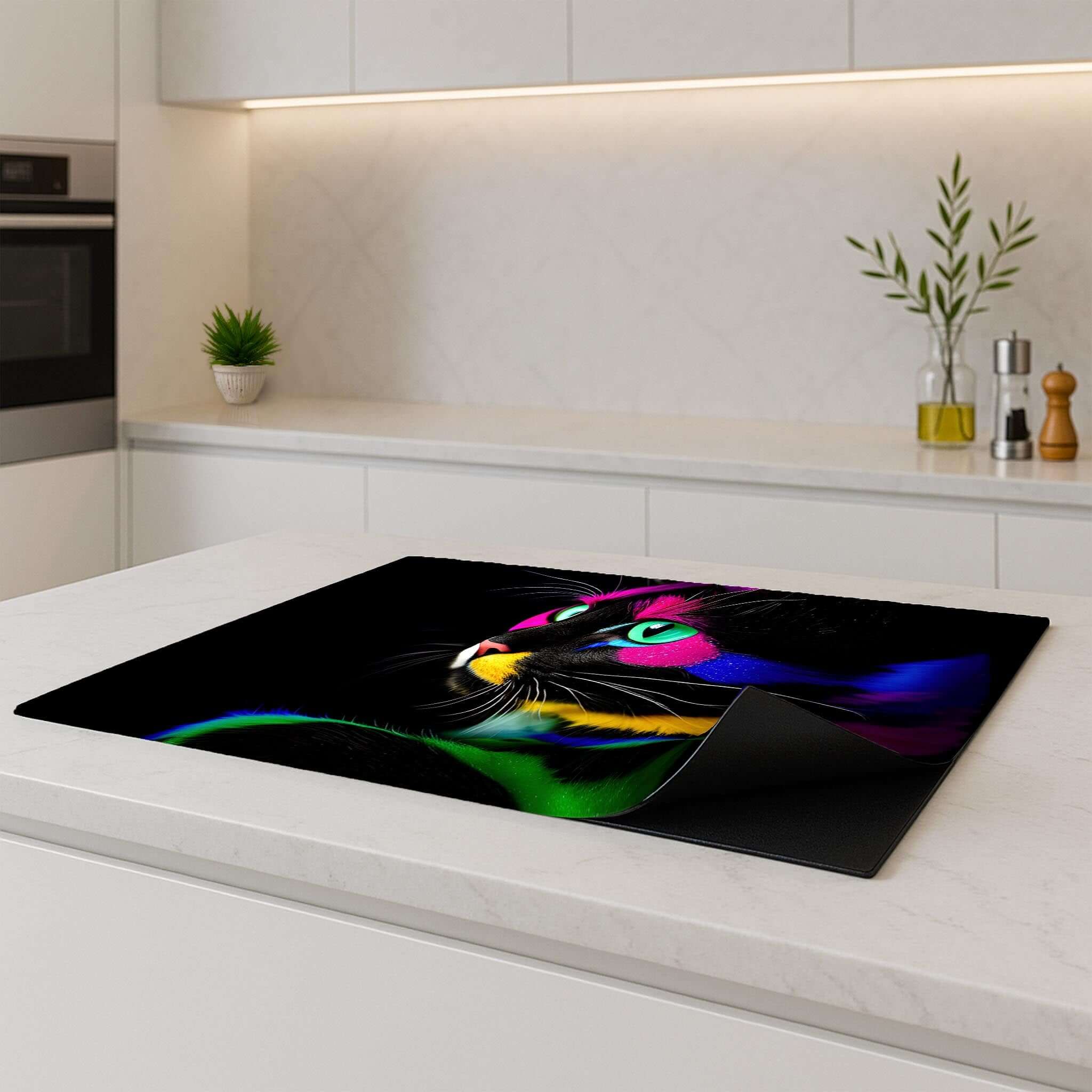 Modern Night Prowler Inductie Beschermer on a kitchen countertop, protecting the induction cooktop.