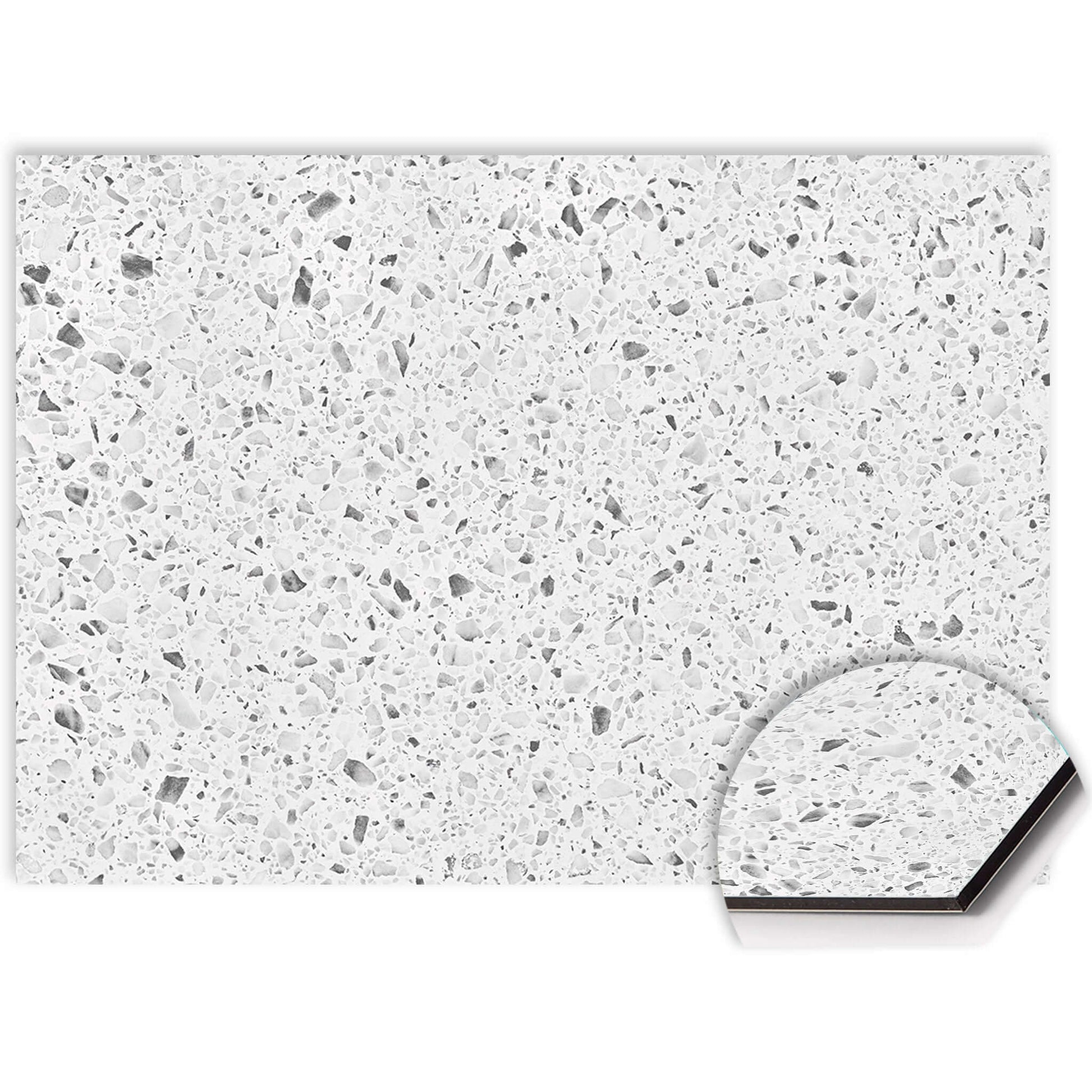 Close-up van Nordic Quartz spatscherm met natuurlijke kwartslook, krasvast en hittebestendig Aluminium Dibond