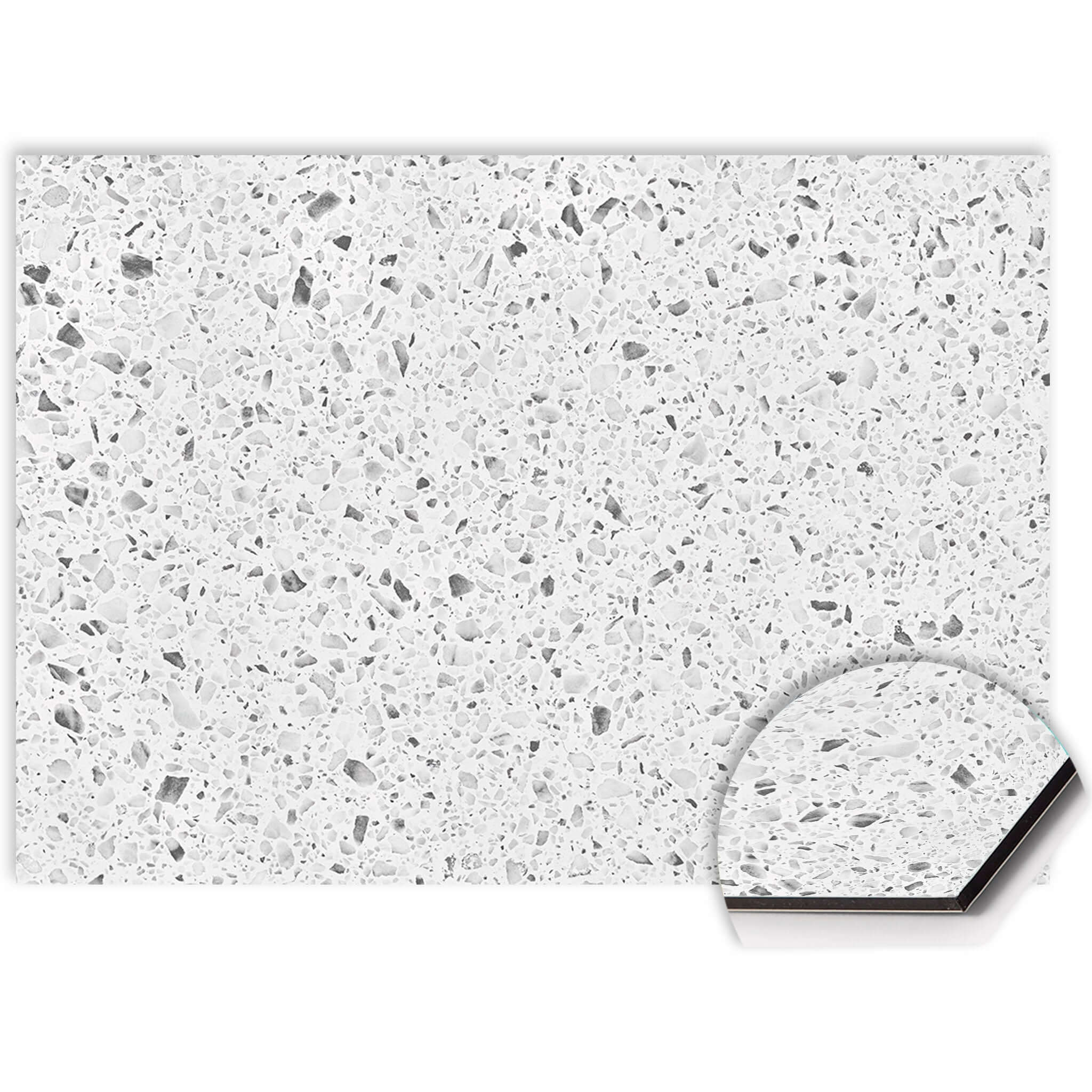 Close-up van Nordic Quartz spatscherm met natuurlijke kwartslook, krasvast en hittebestendig Aluminium Dibond