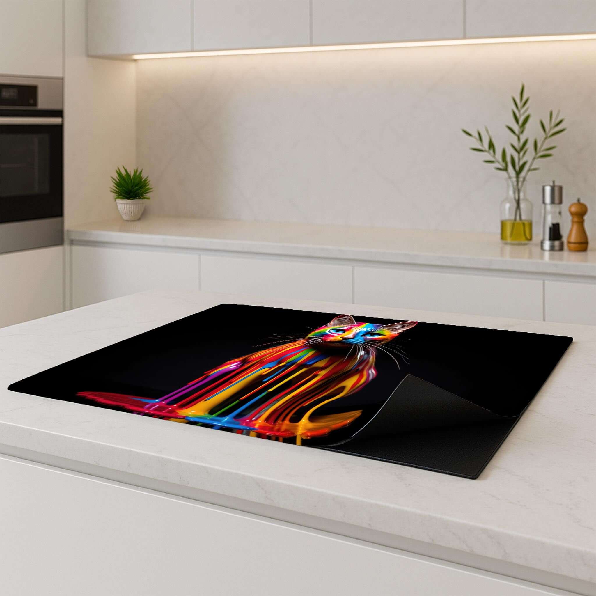Rainbow Cat Inductie Beschermers voor inductiekookplaten in een moderne keuken, stijlvol en functioneel.
