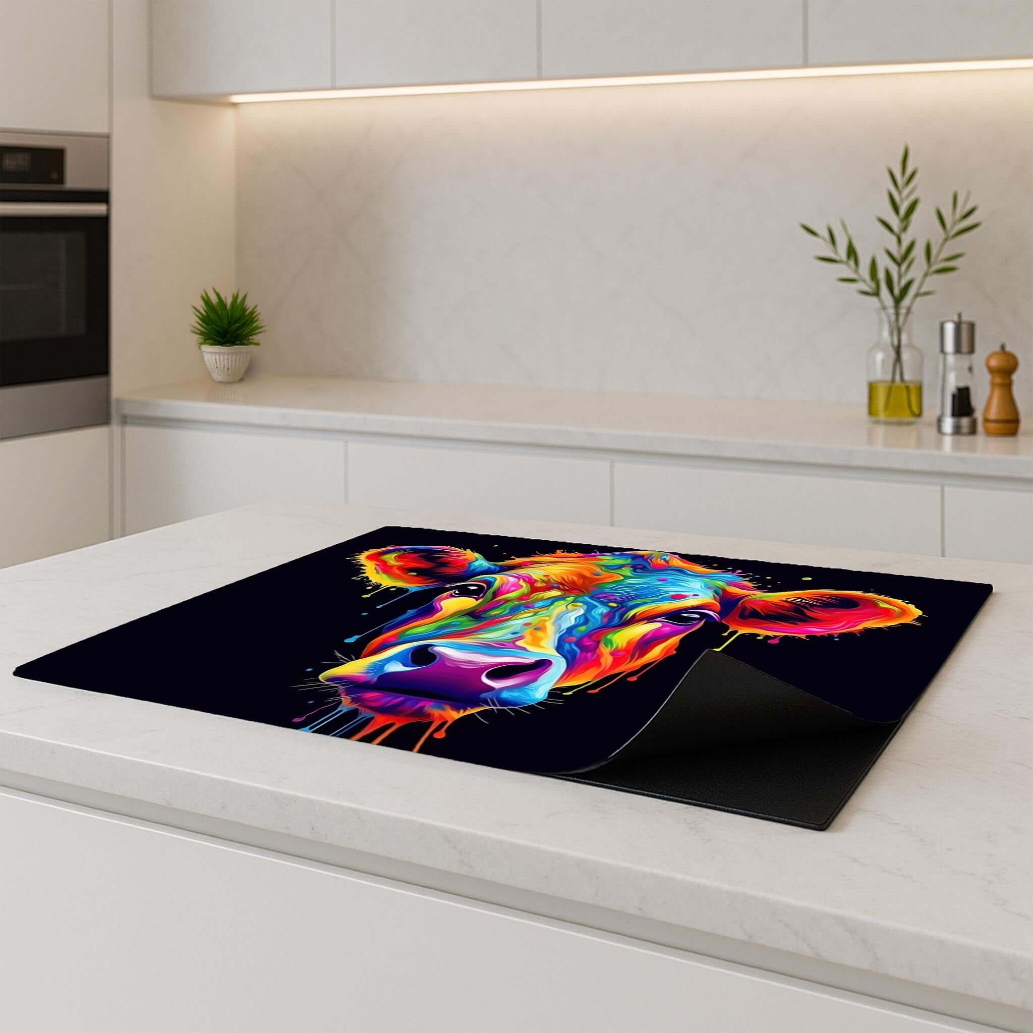 Vibrant Rainbow Graze Inductie Beschermer featuring a colorful cow design on a modern kitchen countertop.