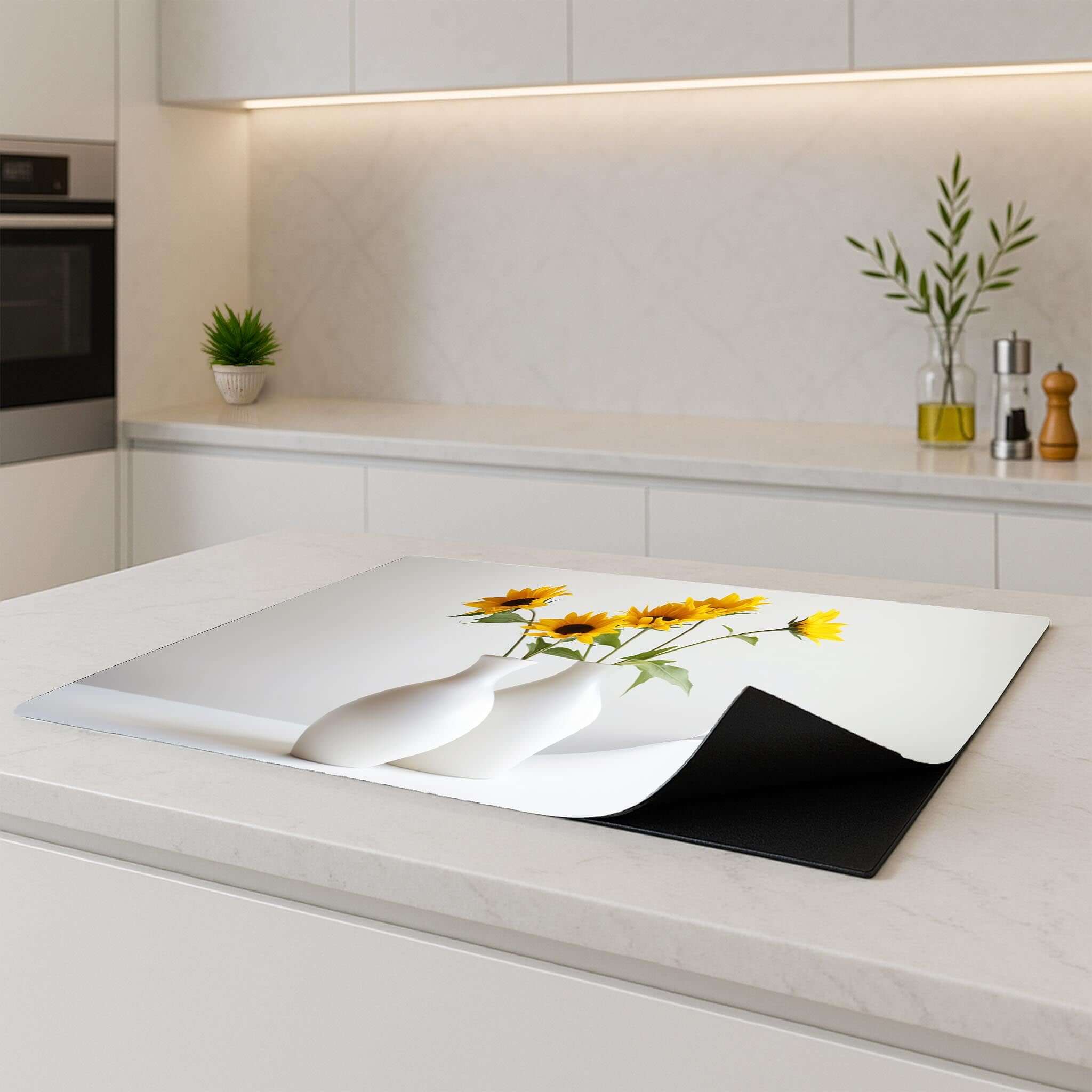 Serene Sunflowers Inductie Beschermer on a kitchen countertop, protecting induction cooktop with floral elegance.