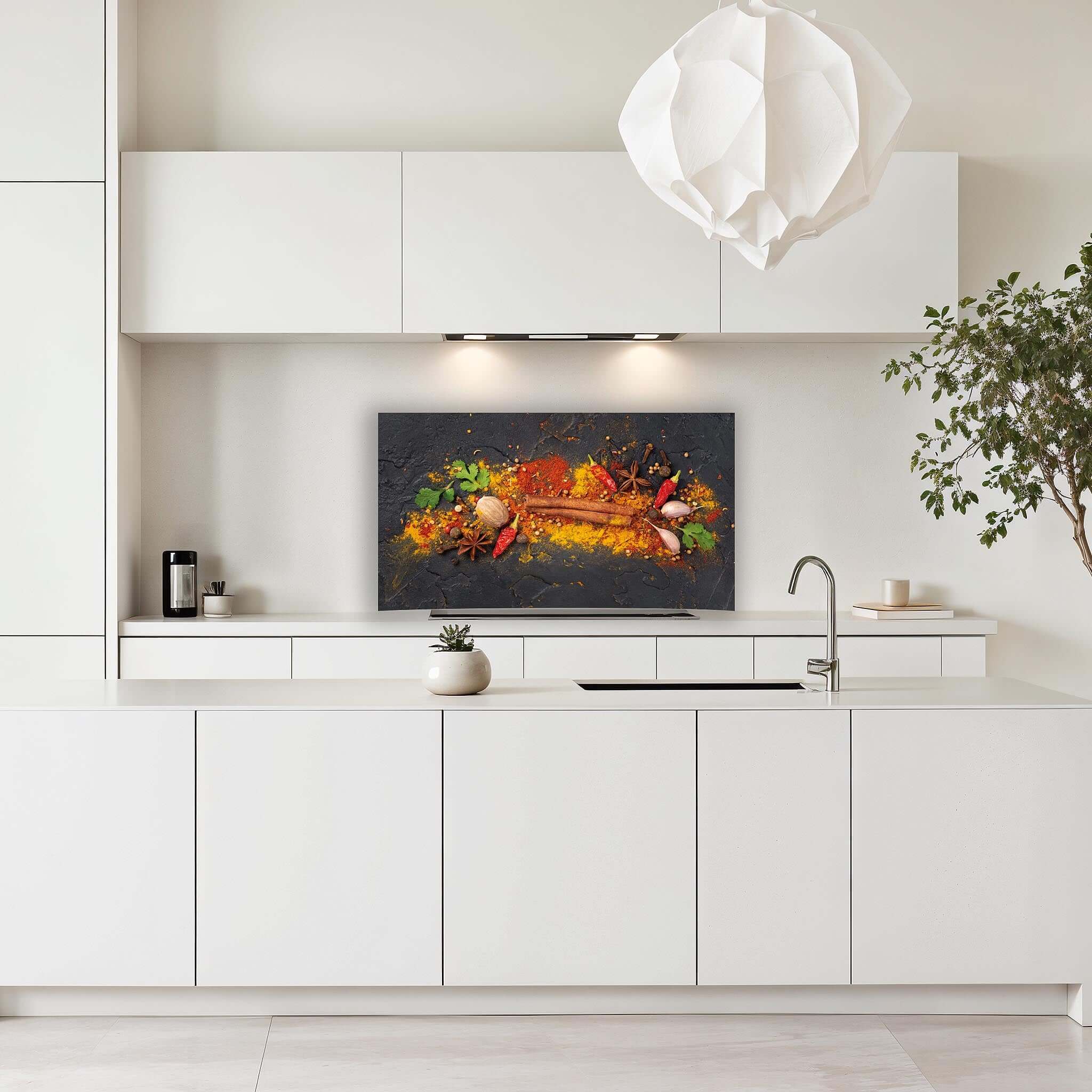 Spice Canvas spatscherm in moderne witte keuken met minimalistisch interieur