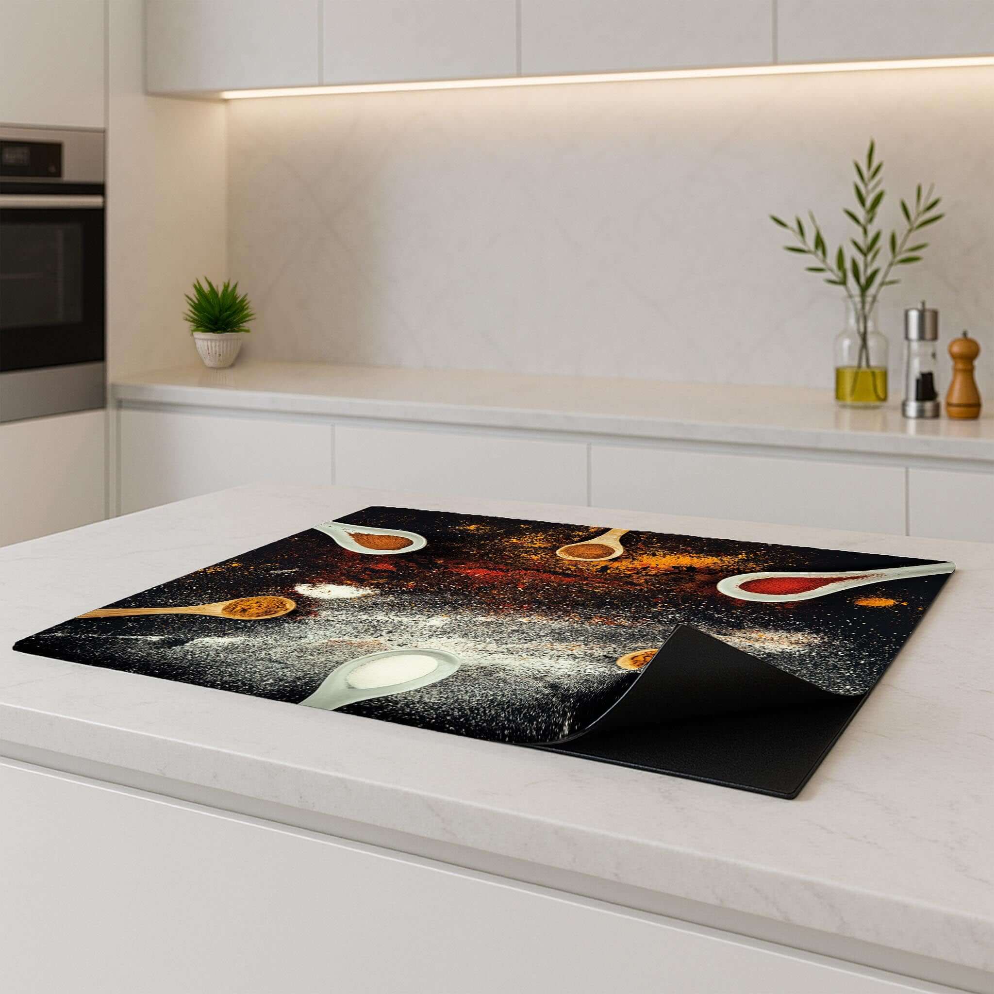 Inductiebeschermer Spice Fusion met specerijenontwerp en houten lepels in een moderne keuken