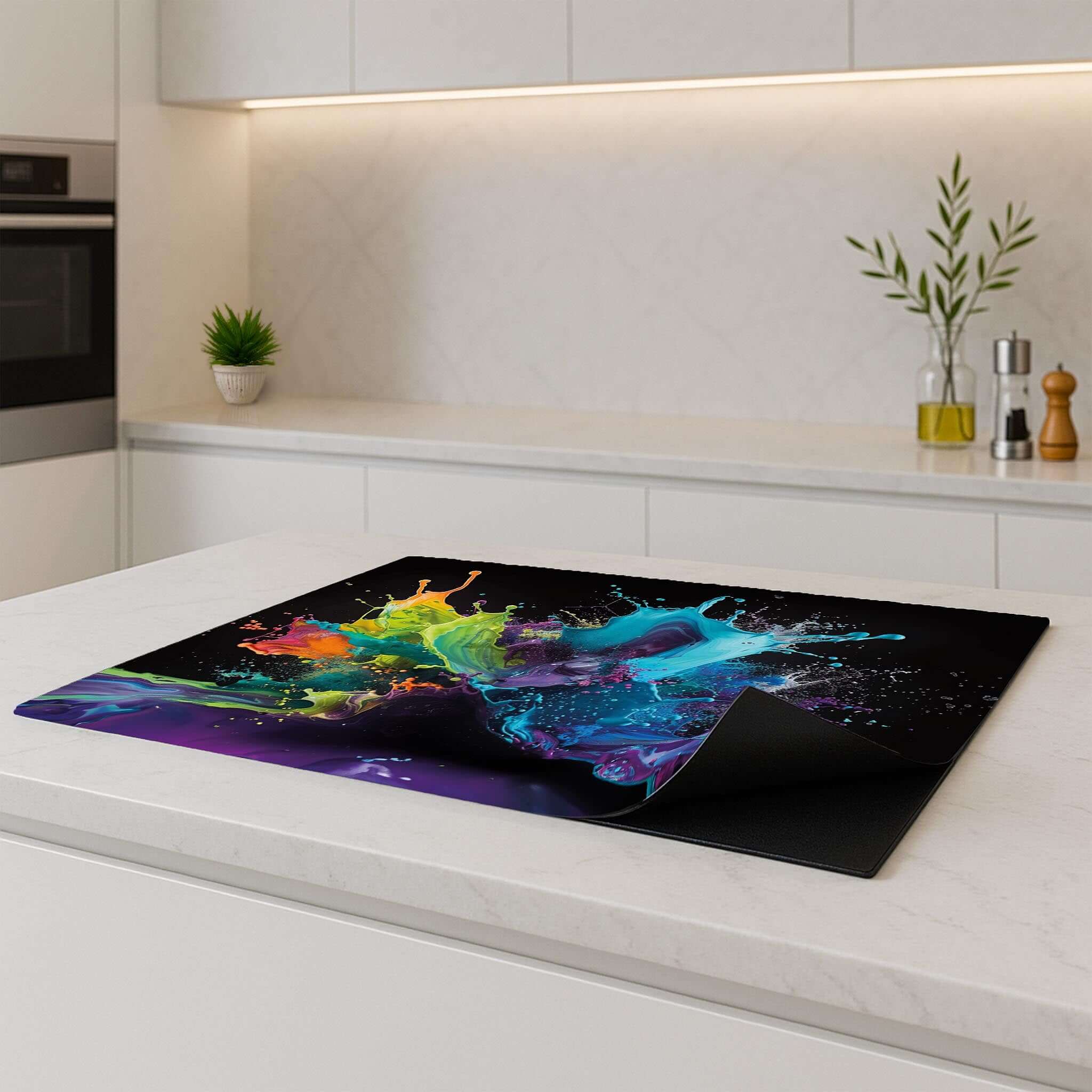 Keuken met Splash Spectrum inductiebeschermer op het aanrecht