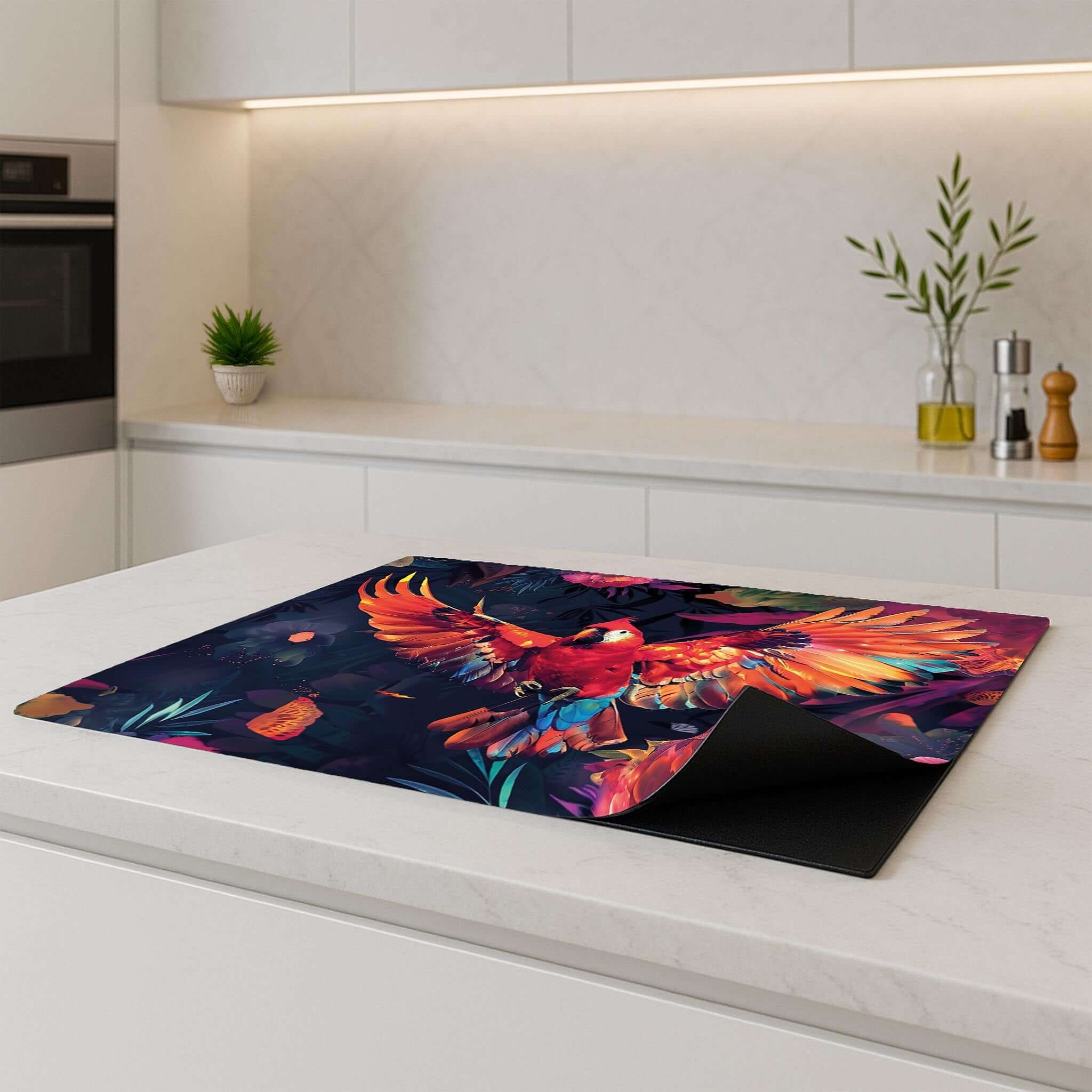 Inductiebeschermer met papegaai geplaatst op een kookplaat in moderne keuken