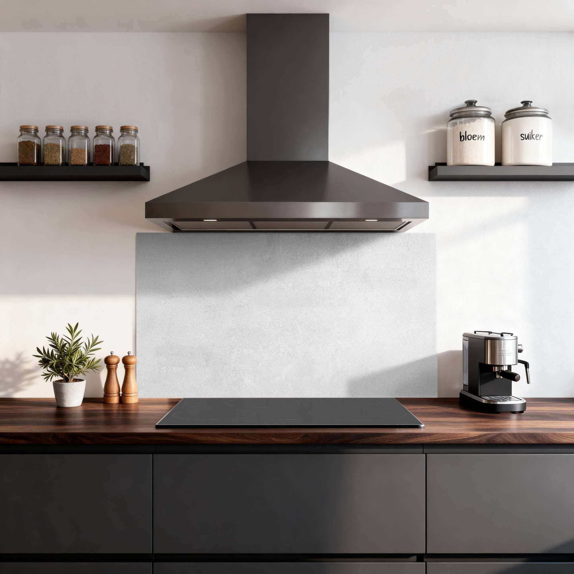 Luxe concrete spatscherm in donkere moderne keuken