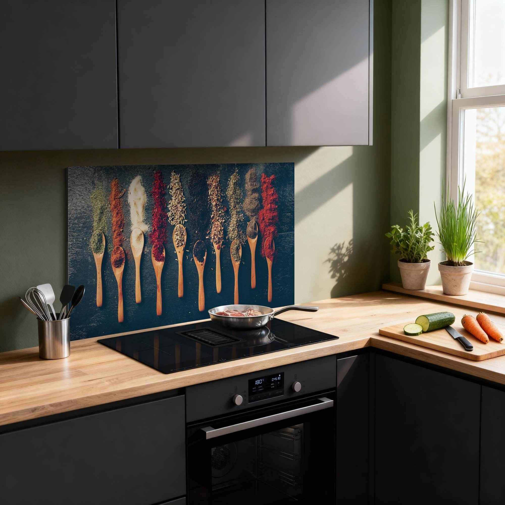 Luxe specerijen spatscherm in moderne keuken