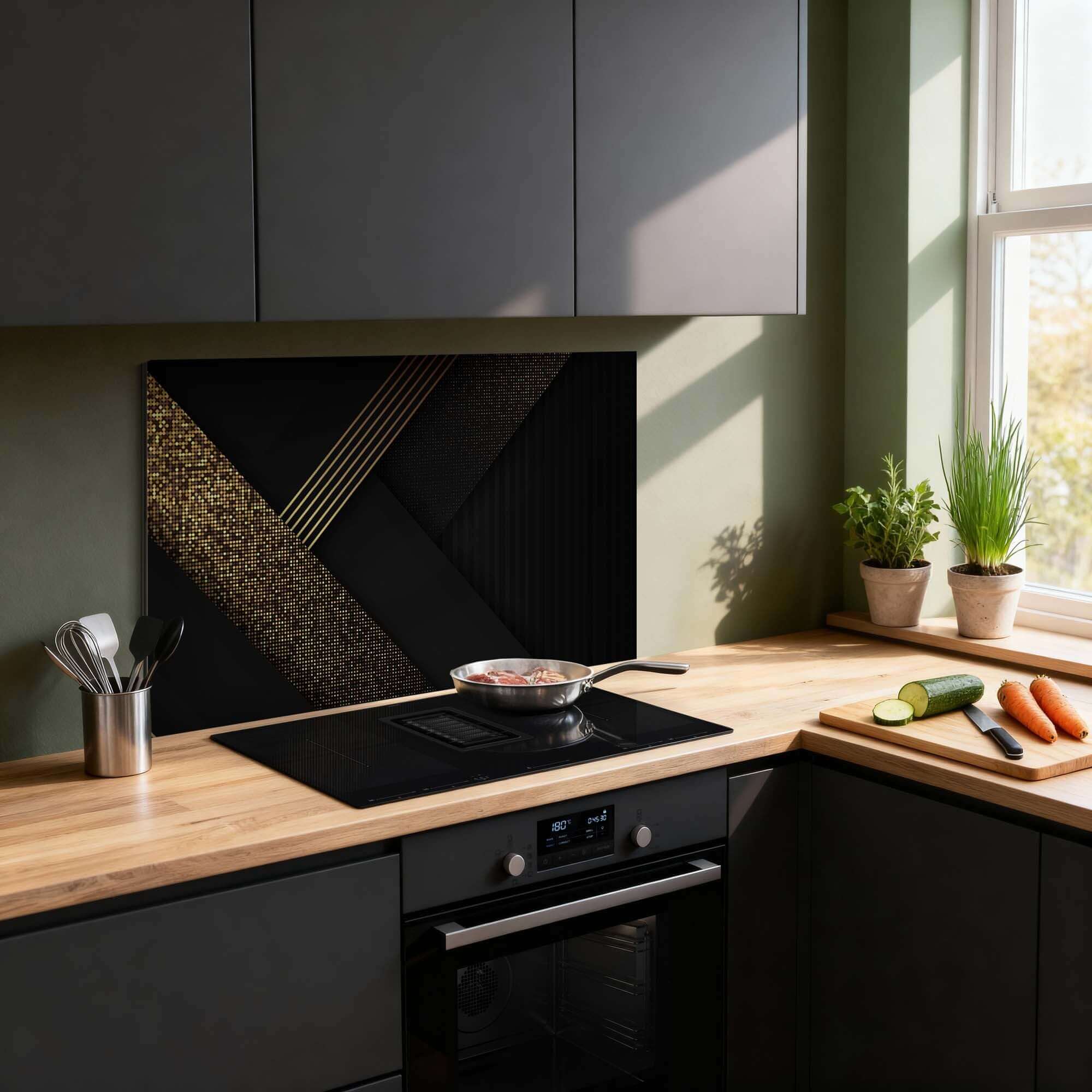 Luxe goud met zwart spatscherm in moderne keuken