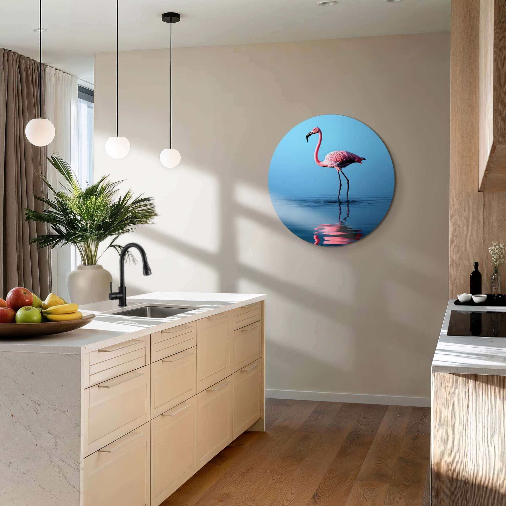 Exotic Muurcirkels wandcirkel met flamingo in keukeninterieur, warme kleuren en levendige uitstraling, perfect voor elke ruimte.