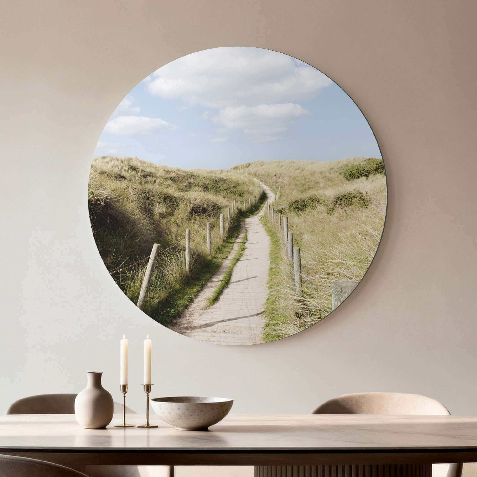Muurcirkel Serenity Landscapes in moderne keuken met uitzicht op bergpad