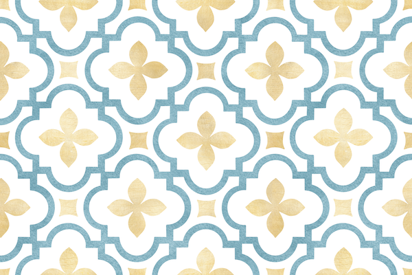 Azure Gold Spatschermen met blauwe en gouden tegelmotieven voor mediterrane elegantie en bescherming in de keuken.