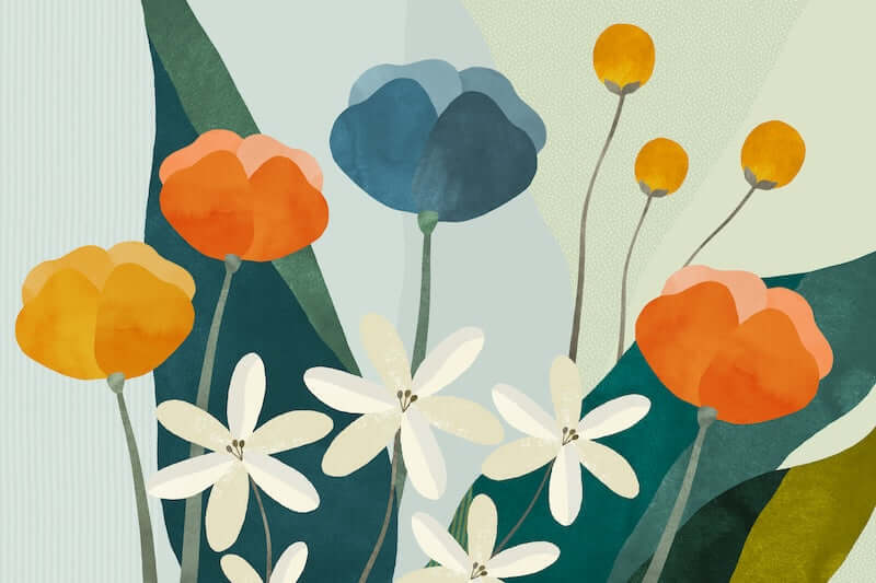 Soft Botanical Spatschermen met bloemen in warme pasteltinten en natuurlijke groentinten vormen een serene keukenuitstraling.