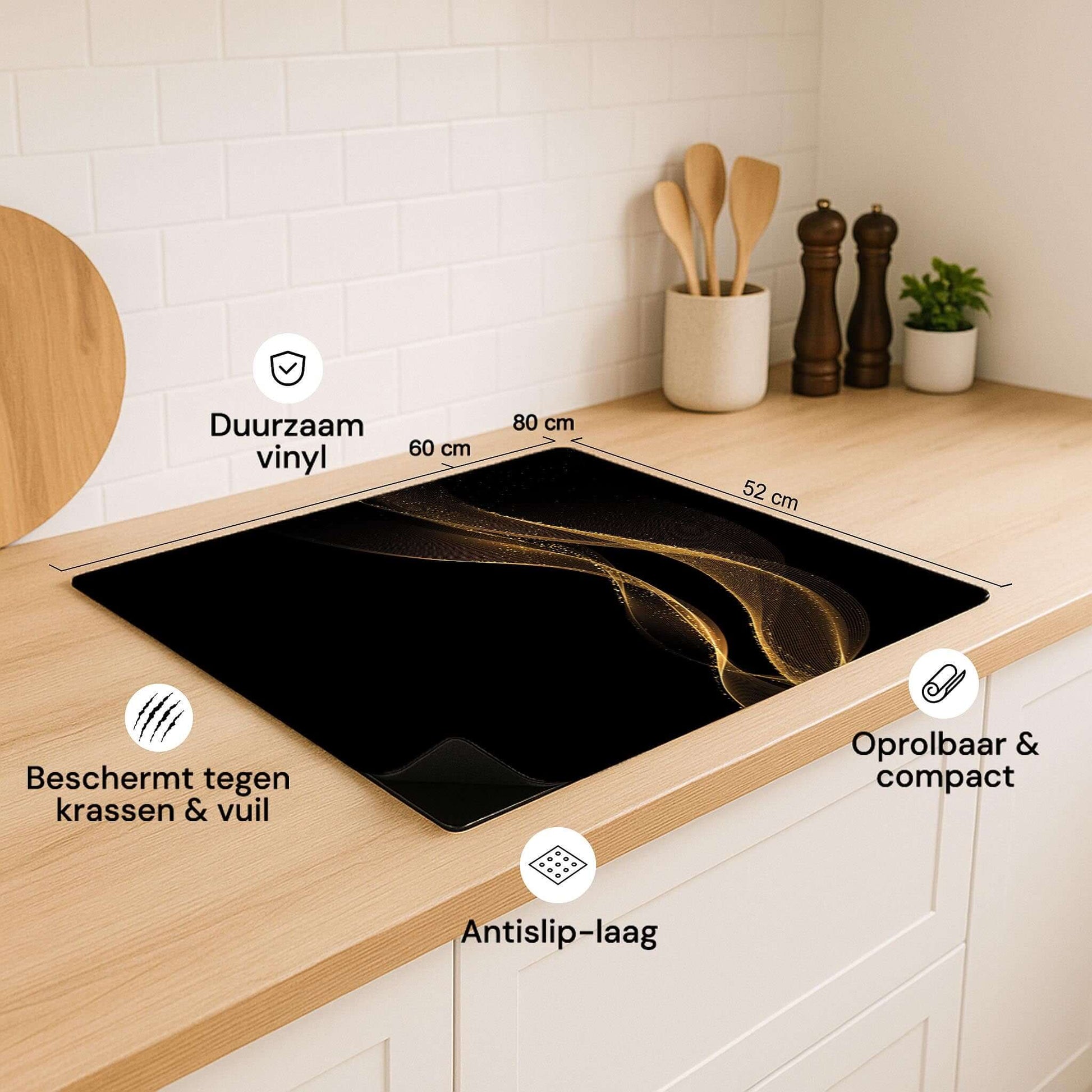 Golden Flow inductie beschermer – close-up van design, formaat en voordelen zoals duurzaam vinyl en antislip-laag