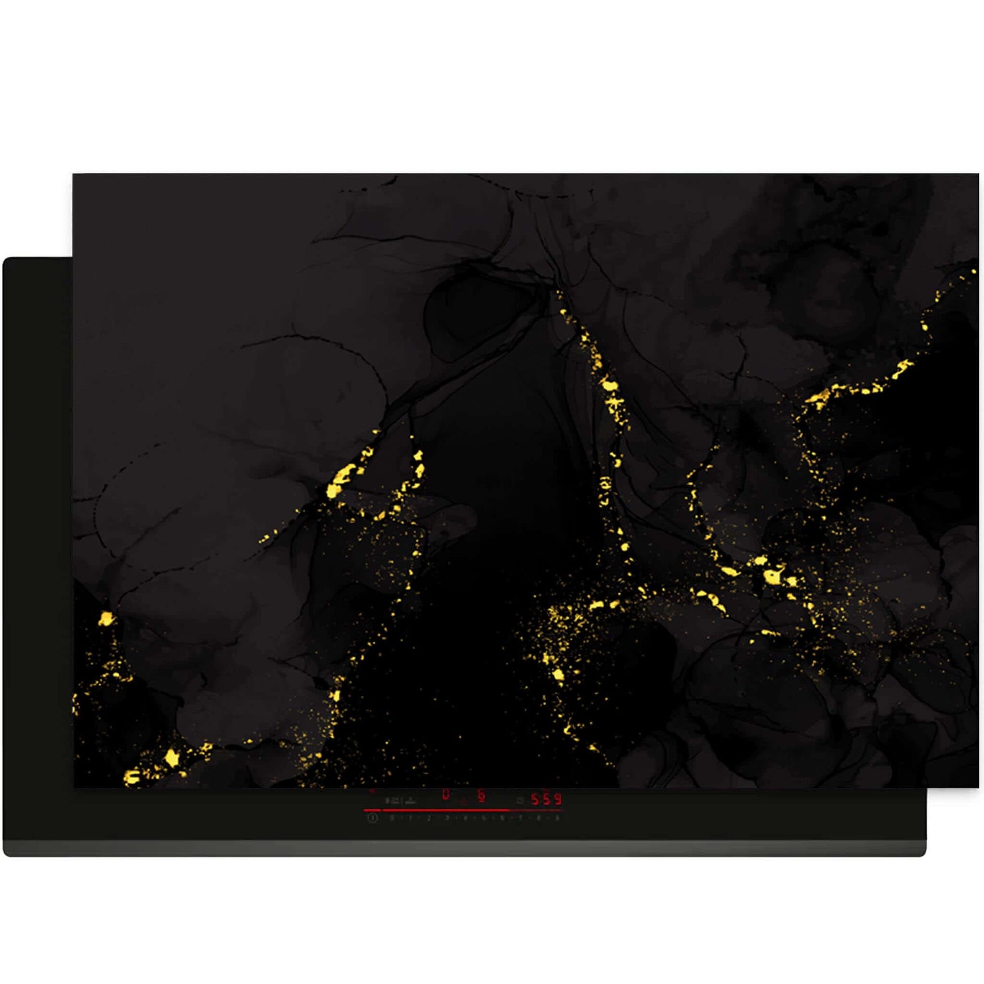 Black Marble Gold inductie beschermer – luxe zwart marmer design met goudaccenten op inductiekookplaat