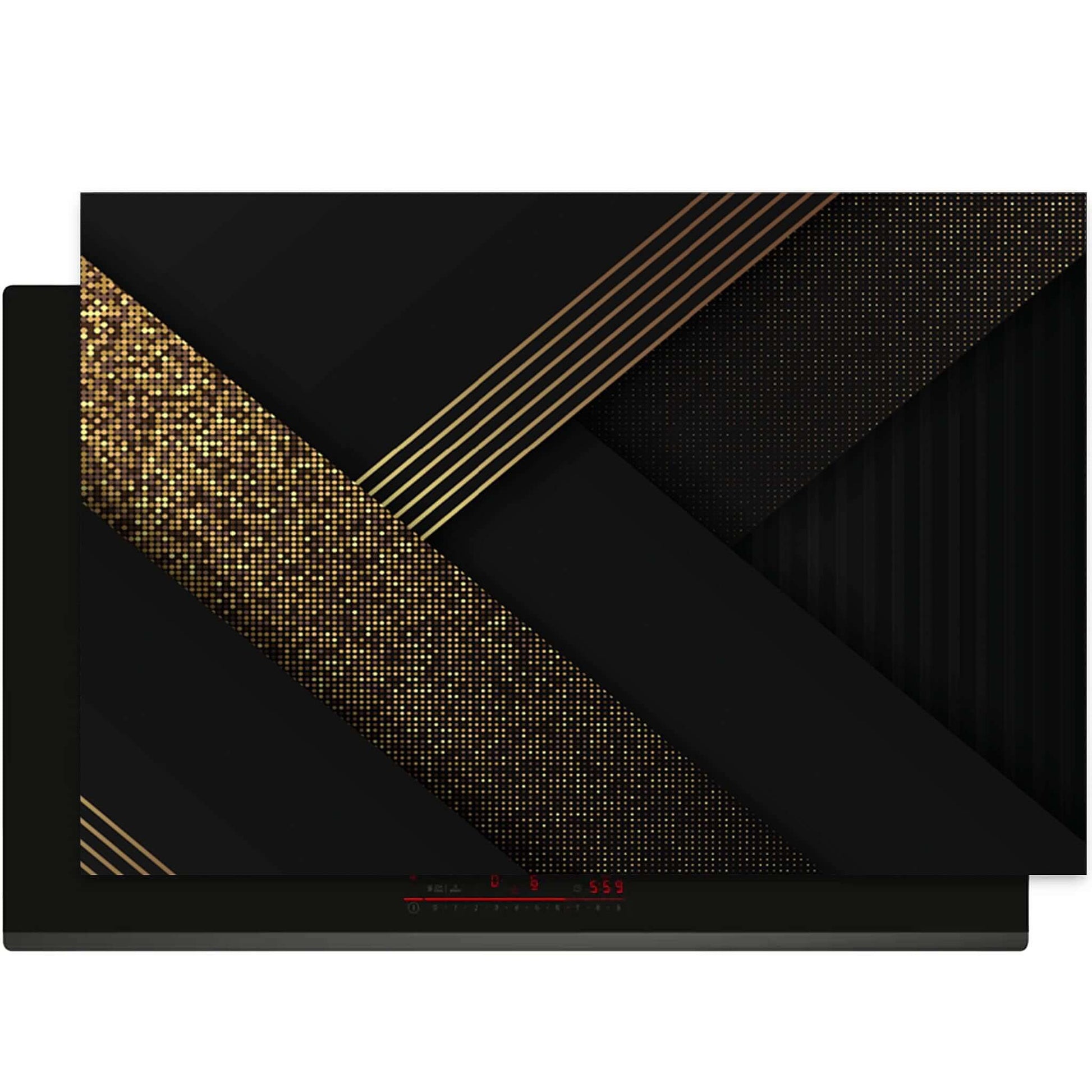 Golden Geometry inductie beschermer – zwart met gouden geometrische lijnen en mozaïek op inductiekookplaat