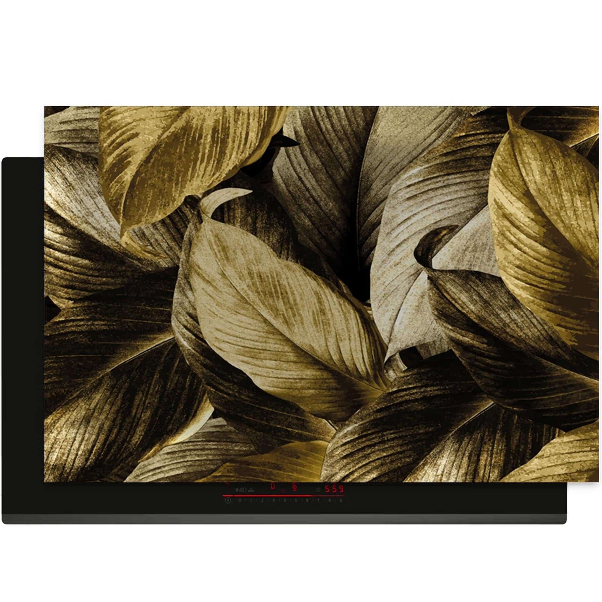 Golden Leaves inductie beschermer – botanisch design met gouden bladeren op inductiekookplaat