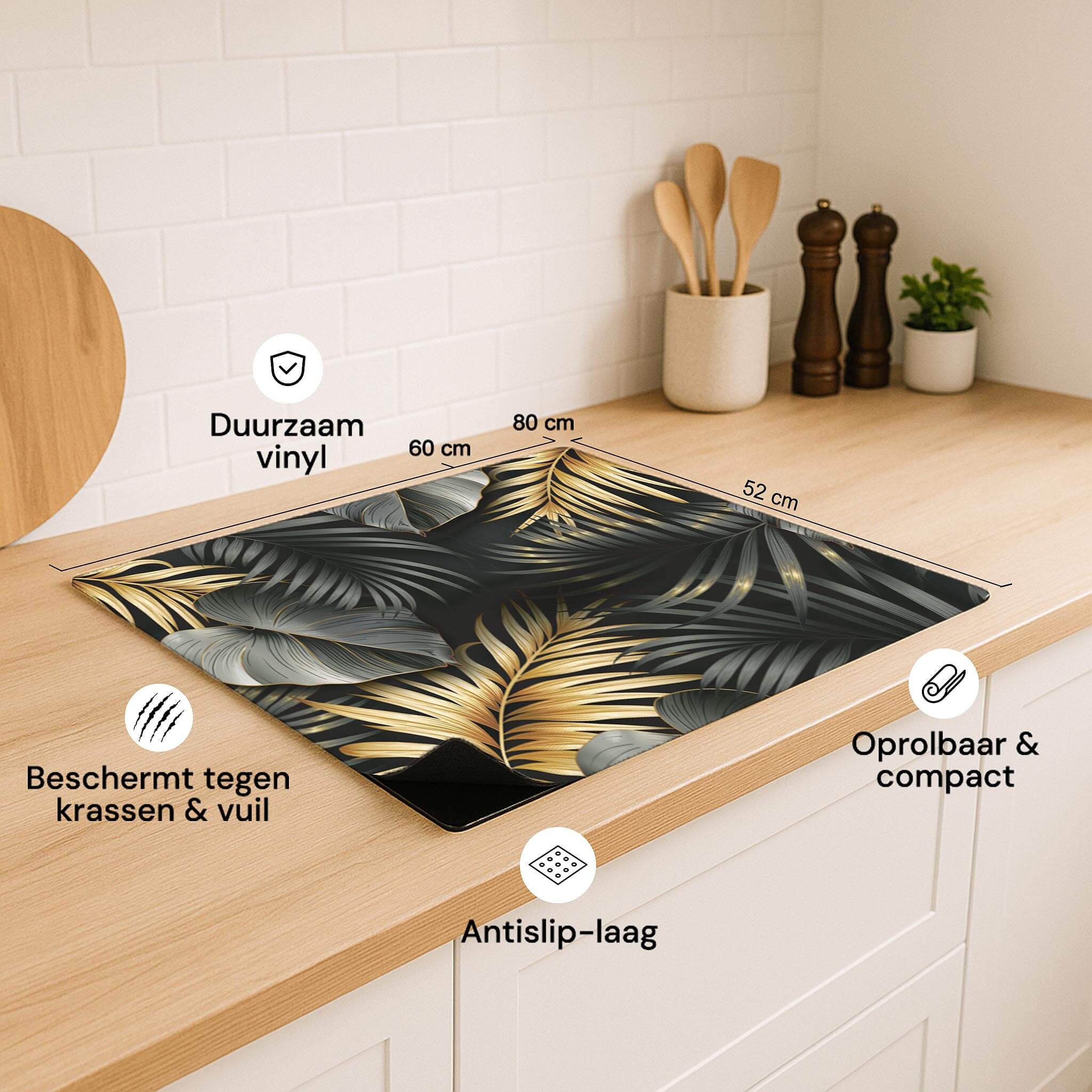 Golden Palms inductie beschermer – formaat, materiaal en voordelen met botanisch design in zwart, goud en grijs