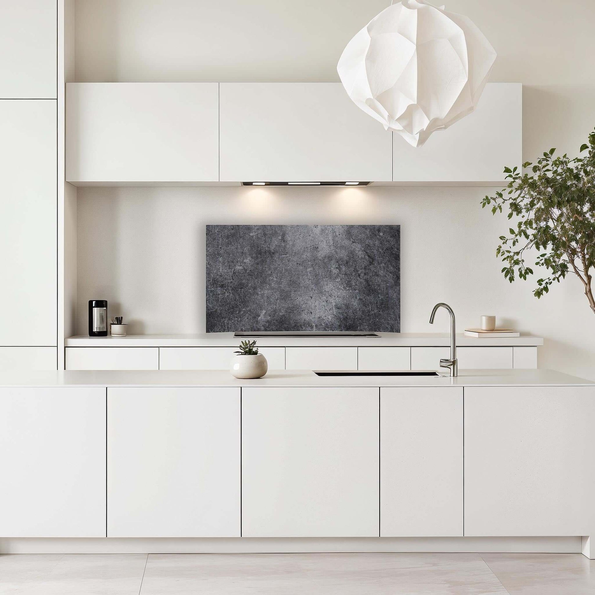 Moderne keuken met Midnight Concrete spatscherm, stijlvol en duurzaam, perfect voor elke keuken inrichting.