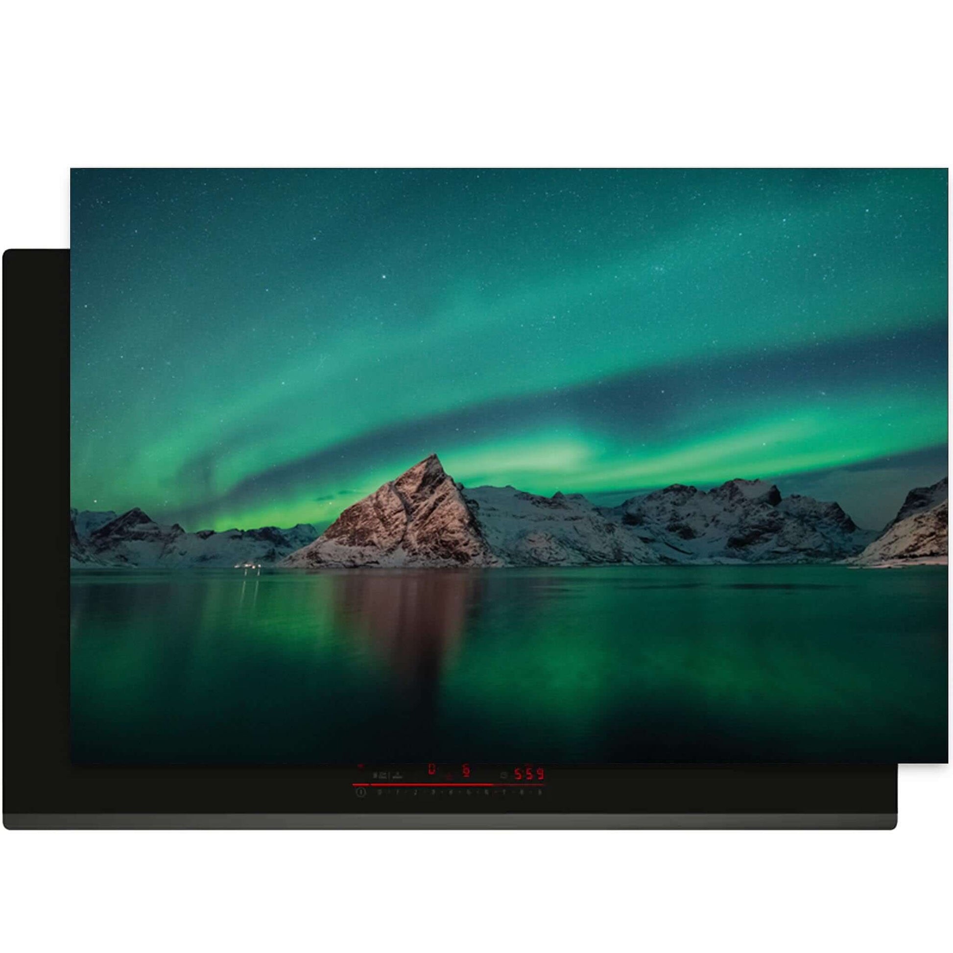 Inductie beschermer met noorderlicht design en berglandschap, bovenaanzicht