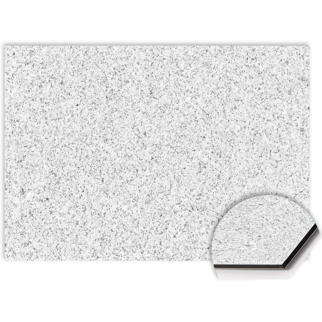 Close-up van Arctic Granite spatscherm met witte granietstructuur op krasvast en hittebestendig Aluminium Dibond