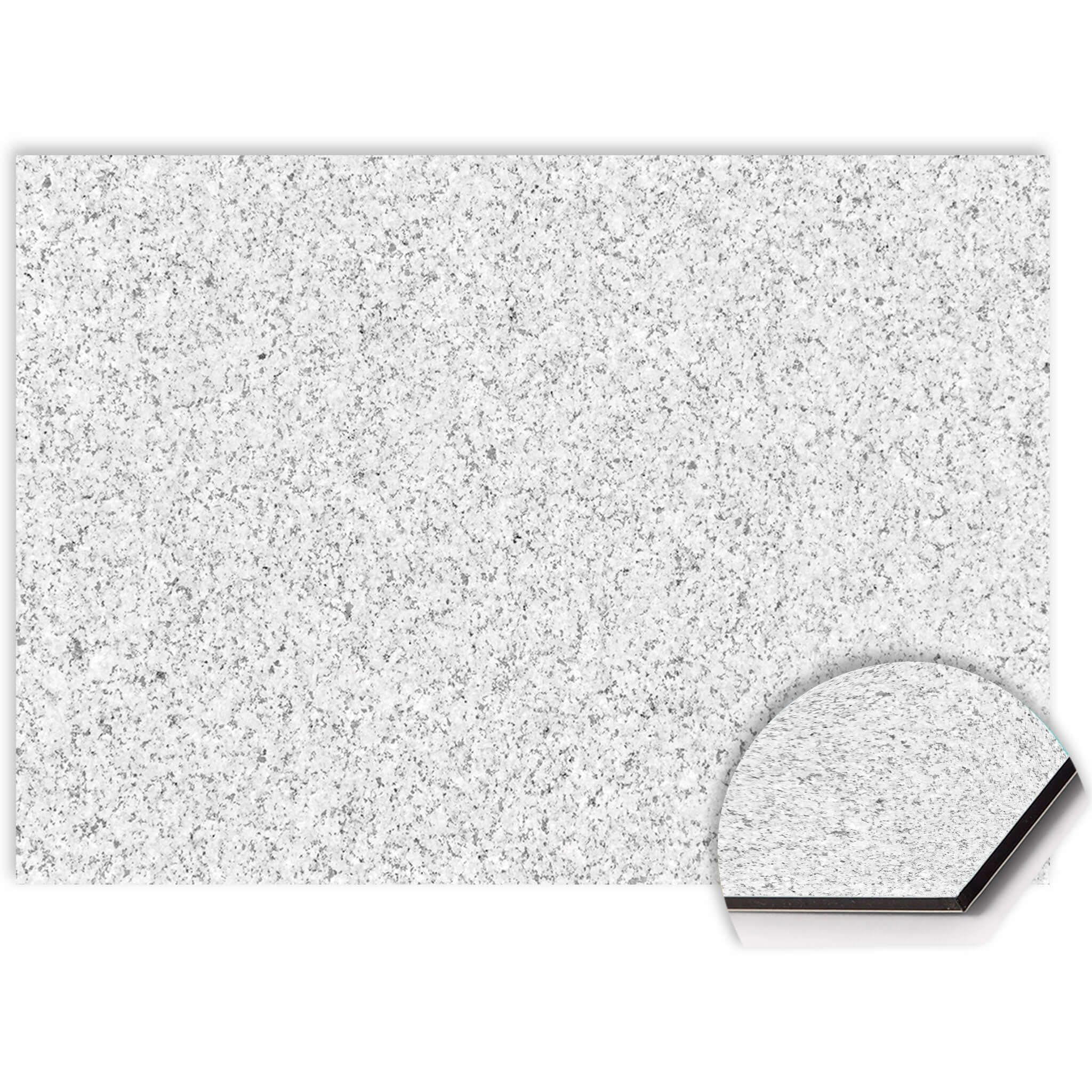 Close-up van Arctic Granite spatscherm met witte granietstructuur op krasvast en hittebestendig Aluminium Dibond