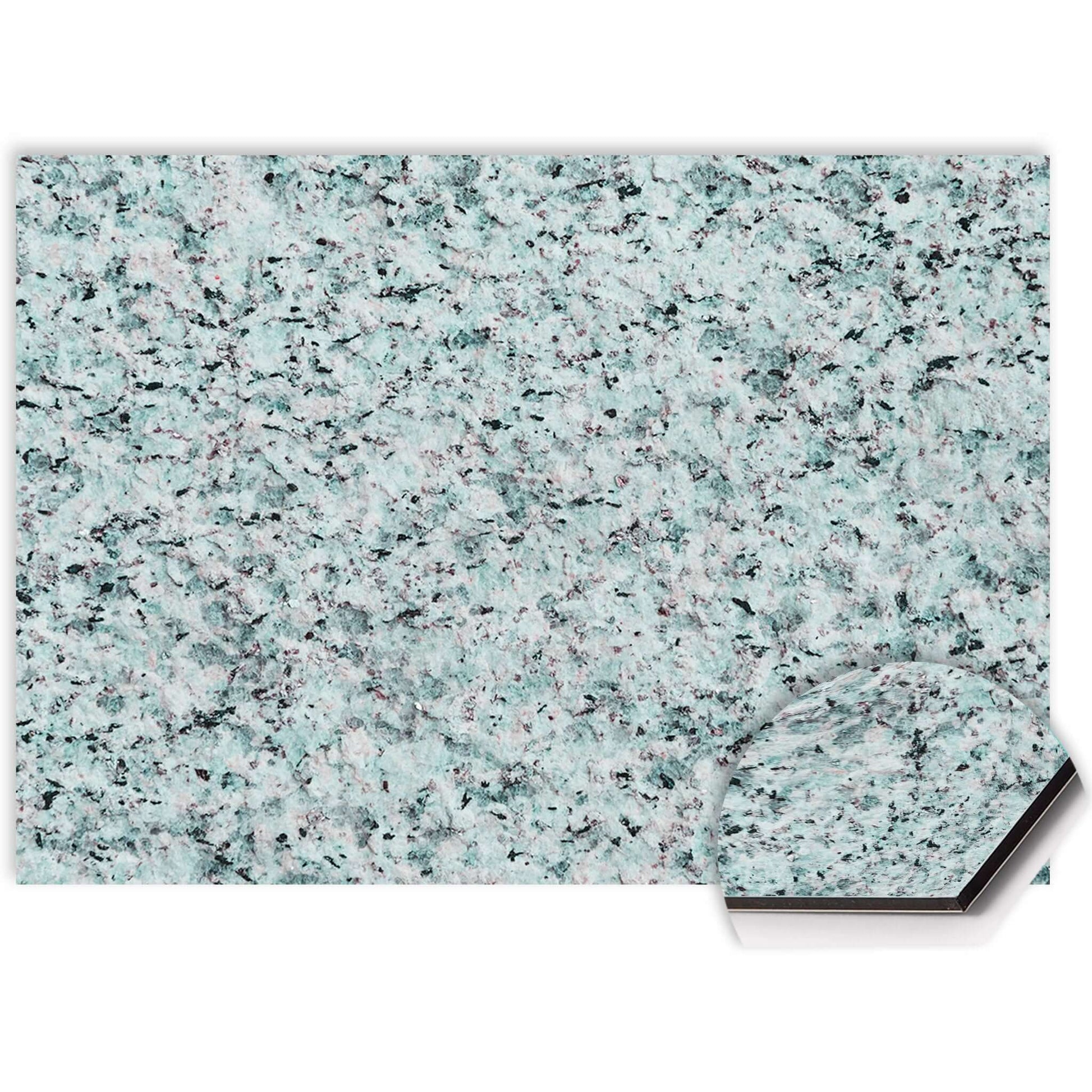Close-up van Baltic Mist spatscherm met blauwgroene granietstructuur op krasvast en hittebestendig Aluminium Dibond