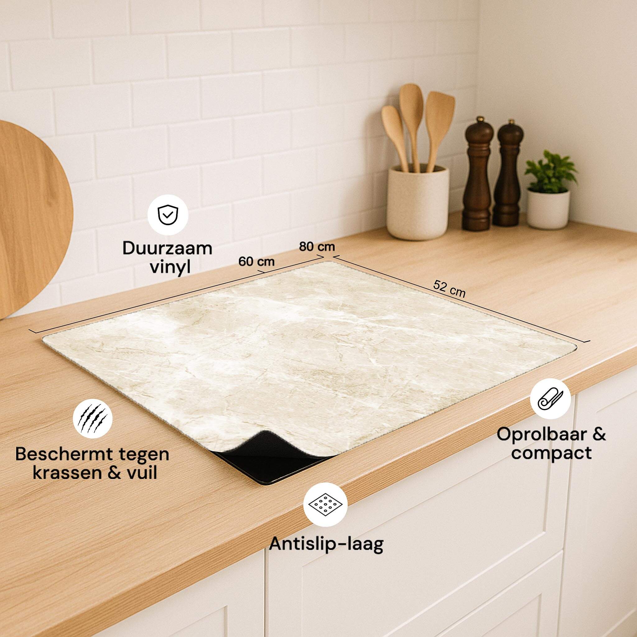 Beige Marble inductie beschermer met afmetingen en productkenmerken weergegeven