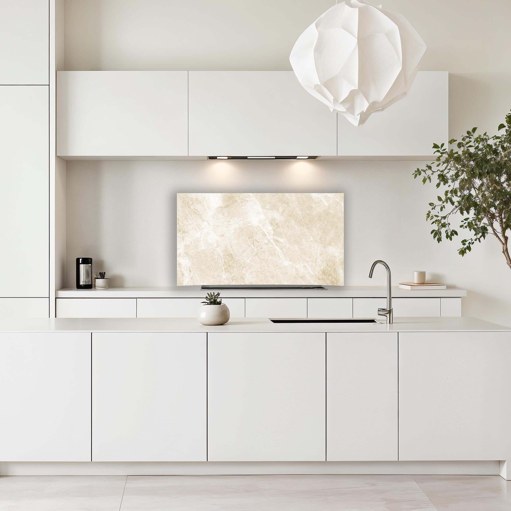Luxe Beige Marble spatscherm van Aluminium Dibond in moderne keuken