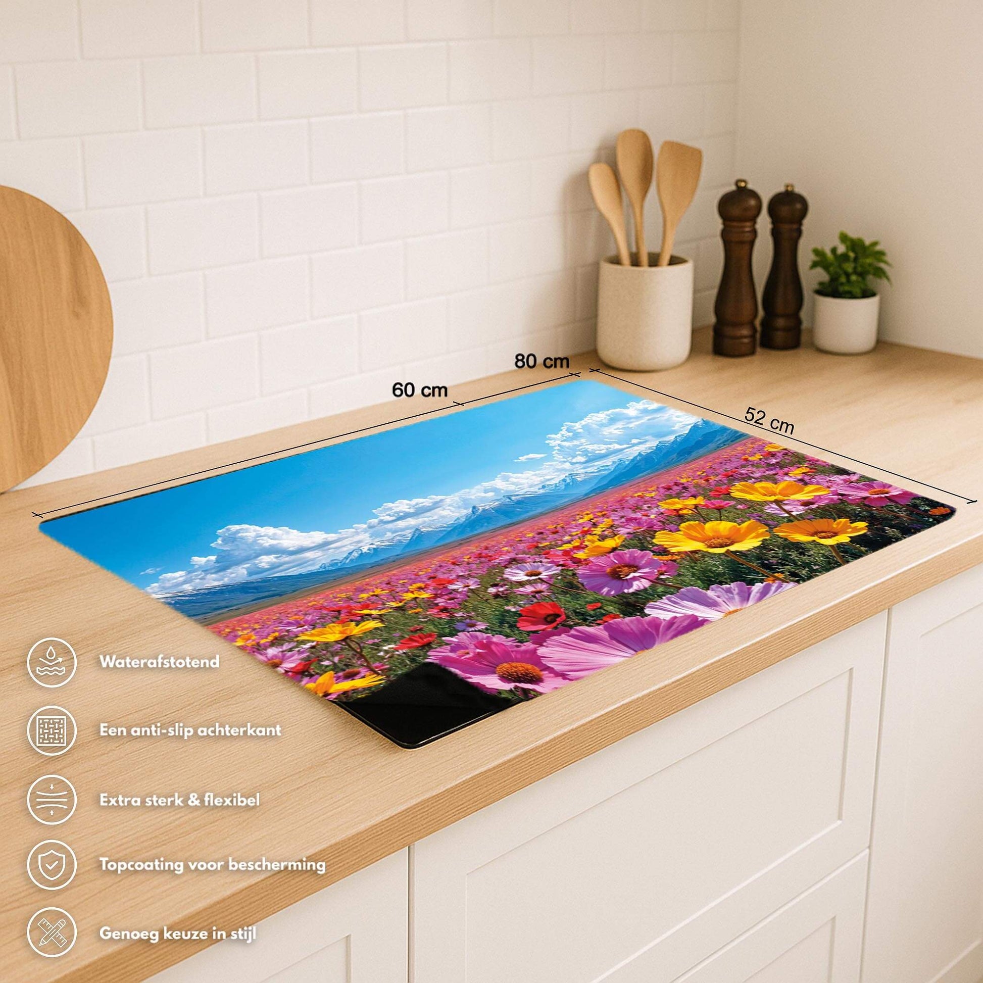 Blooming Horizon inductie beschermer met afmetingen en productkenmerken in keuken