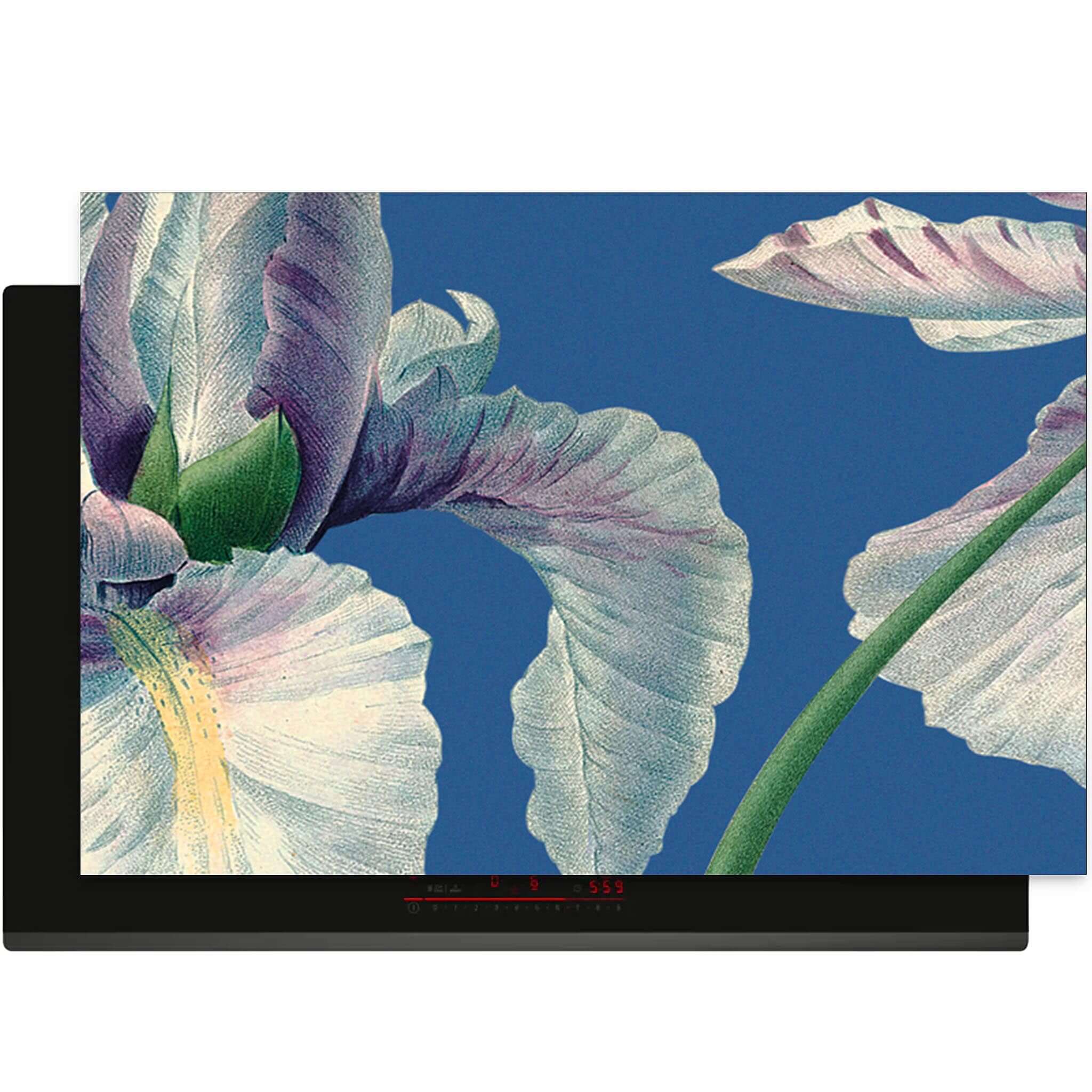 Close-up van de Blue Iris Grace inductiebeschermer met vintage blauwe irisillustratie