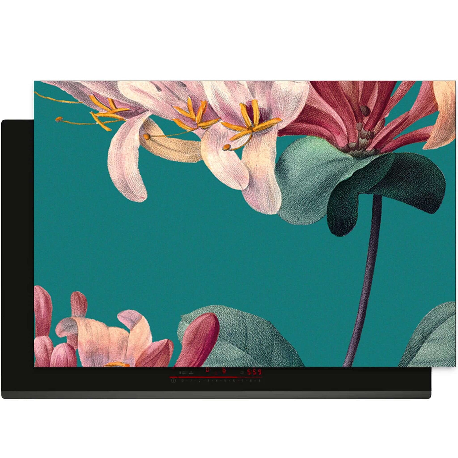 Inductiebeschermer met vintage bloemenillustratie op een elegante achtergrond