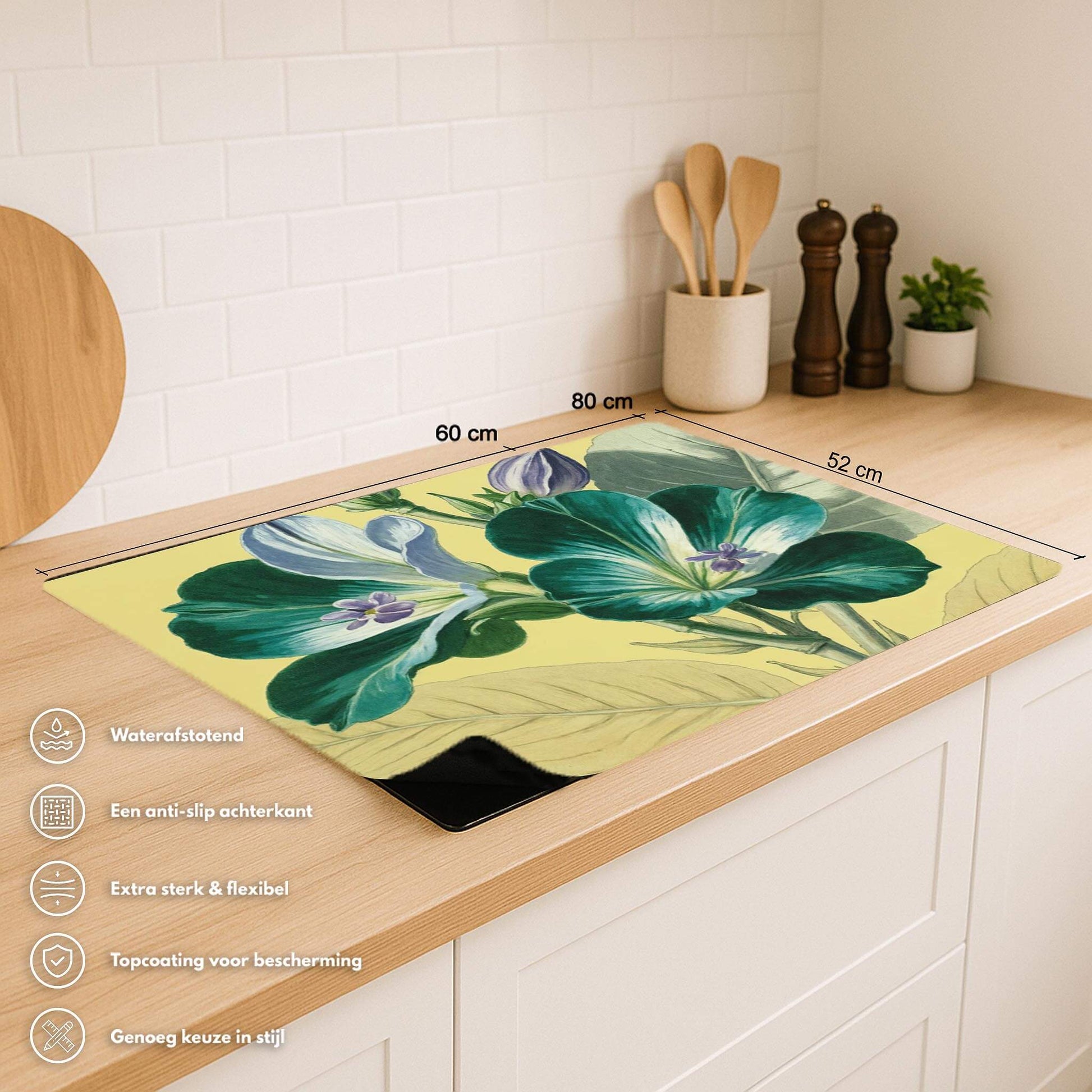 Inductiebeschermer Botanical Glow met afmetingen en iconen van voordelen