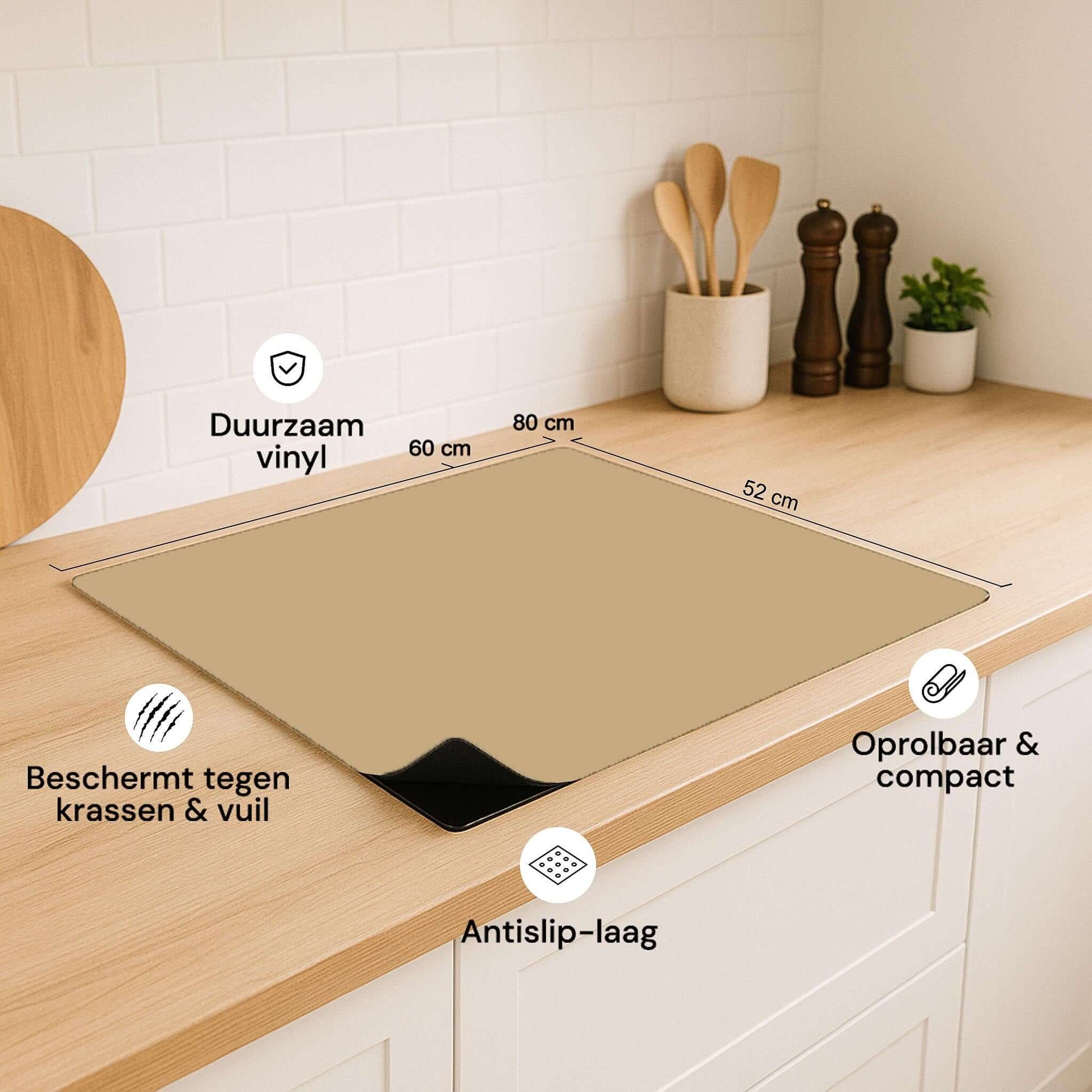 Afbeelding met de afmetingen en eigenschappen van de Champagne Glow inductiebeschermer.