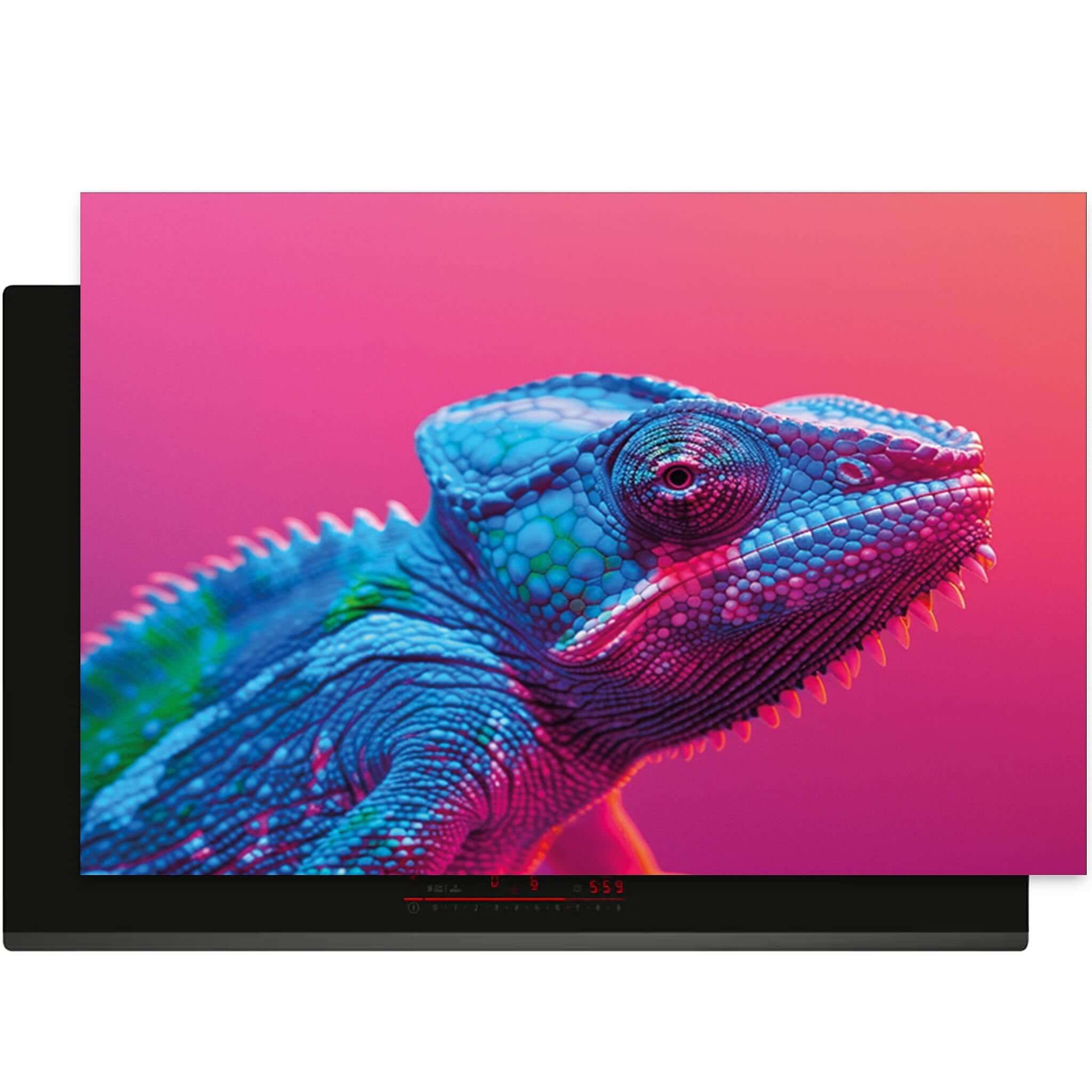Inductiebeschermer met neon kameleon op roze achtergrond – bovenaanzicht