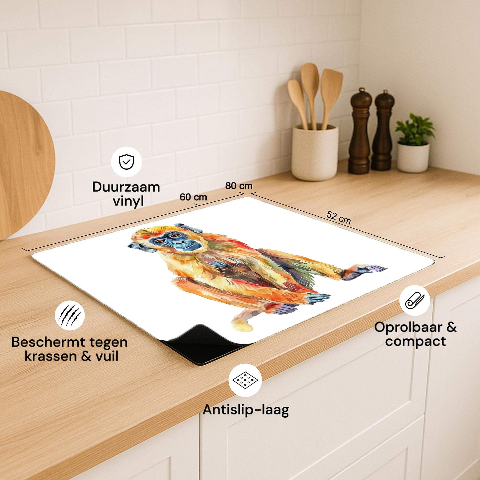 Inductiebeschermer met aap-design, duurzaam vinyl en antislip-laag, inclusief afmetingen