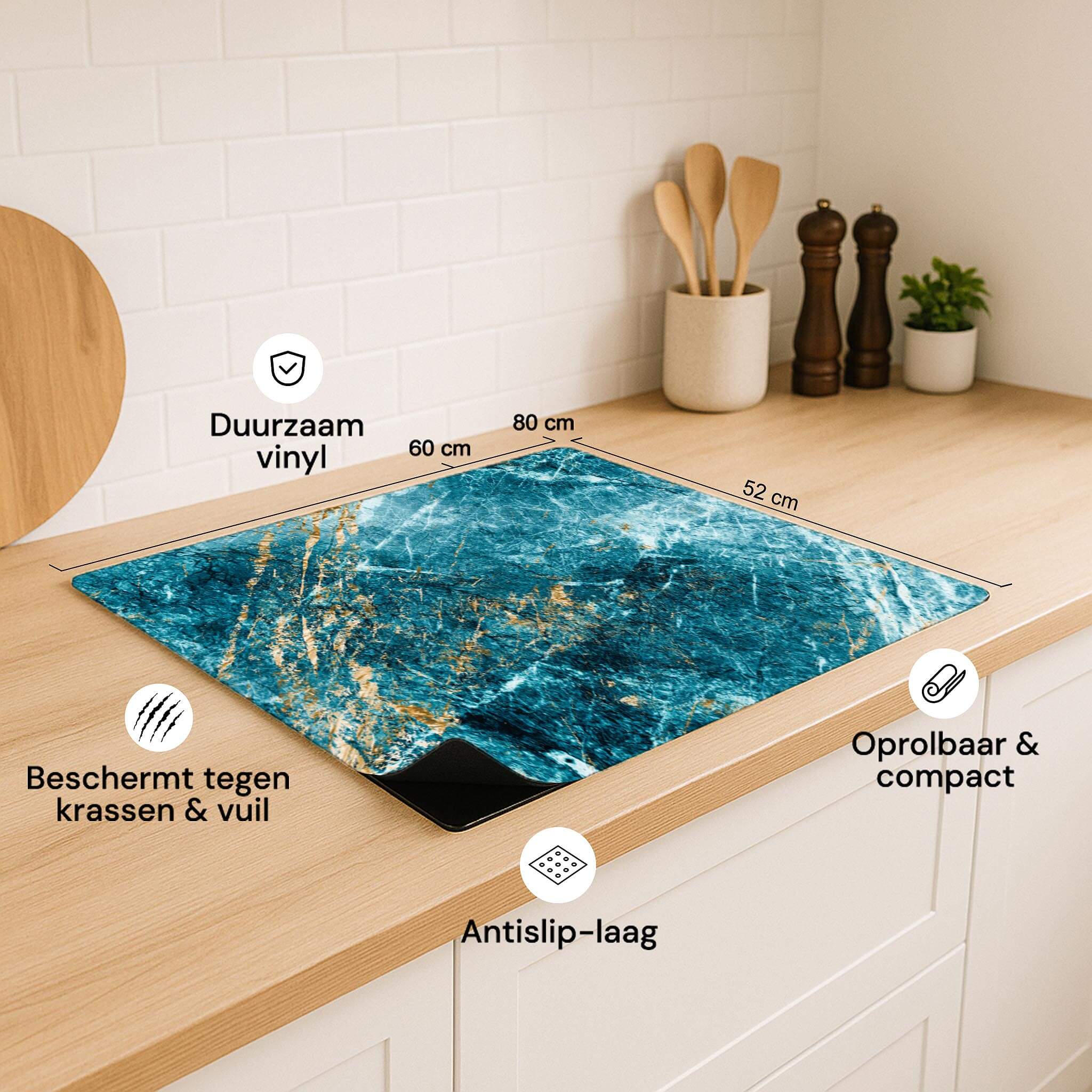 Inductie beschermer Deep Ocean Marble met afmetingen en voordelen weergegeven