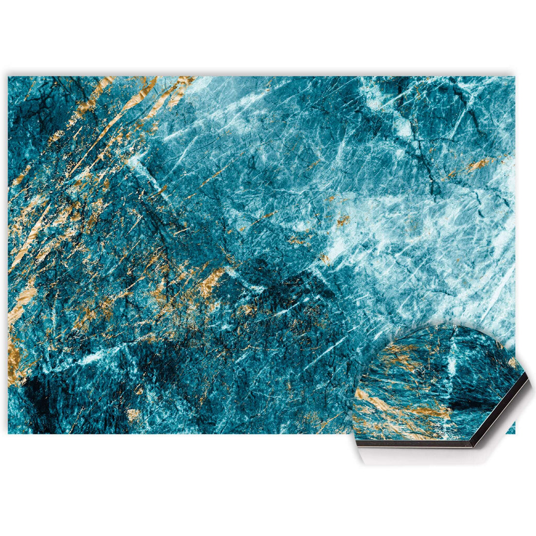 Close-up van blauw marmer spatscherm met gouden details, Aluminium Dibond