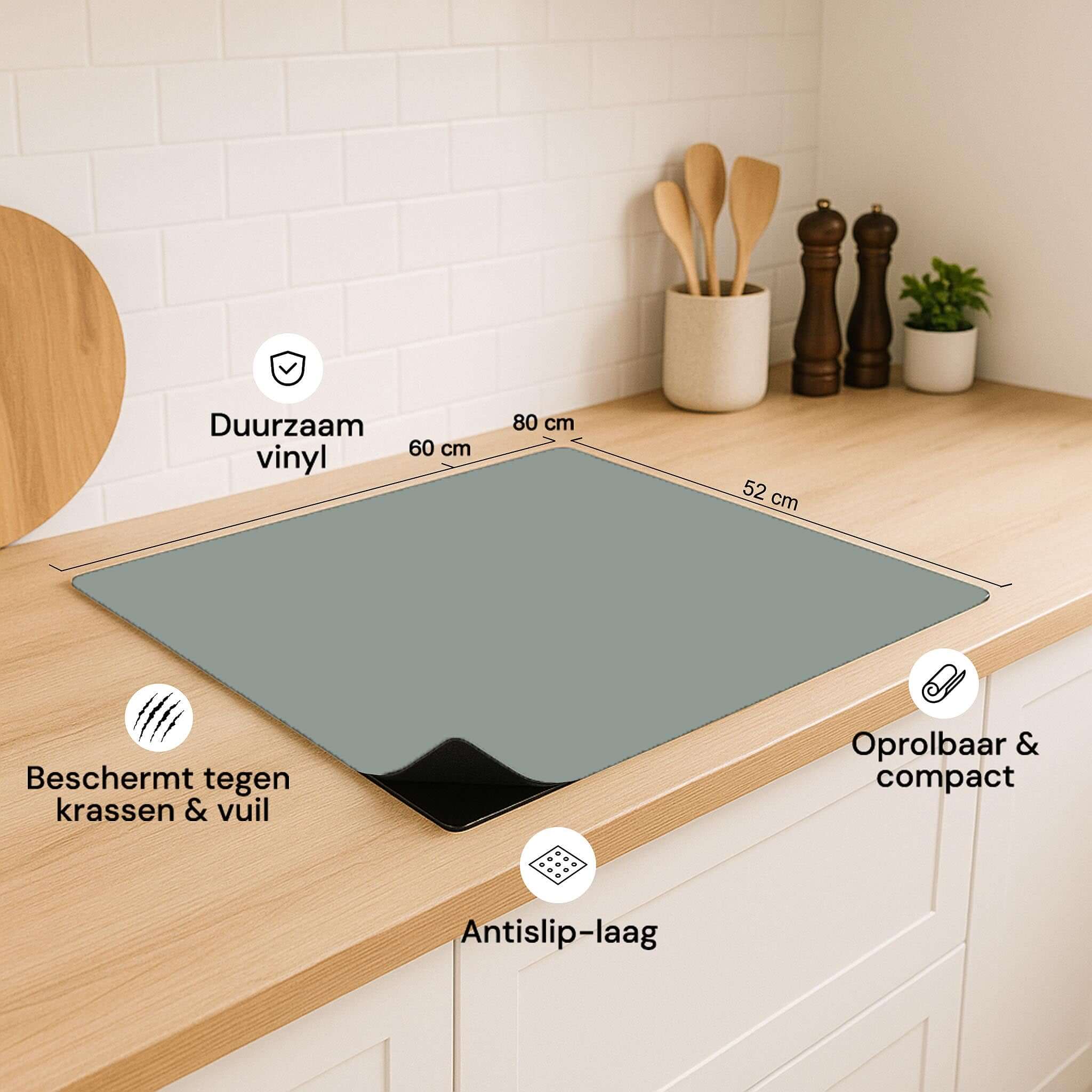 Iceberg Green inductiebeschermer met maatvoering en productkenmerken in beeld