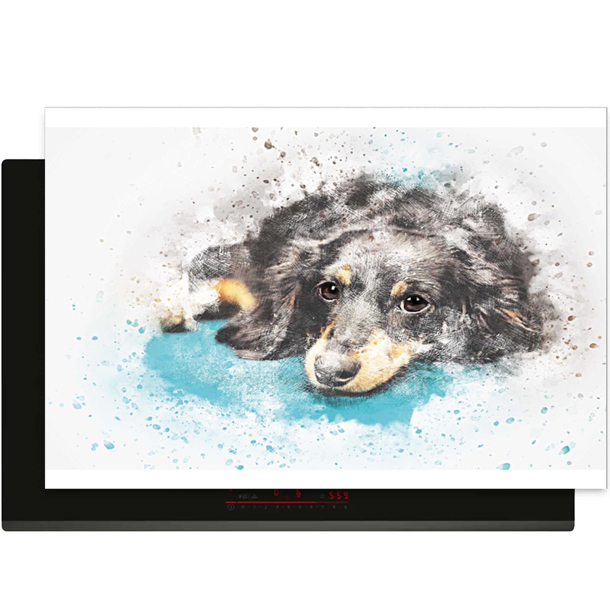 Inductiebeschermer met aquarel illustratie van een liggende teckel op een witte en blauwe achtergrond